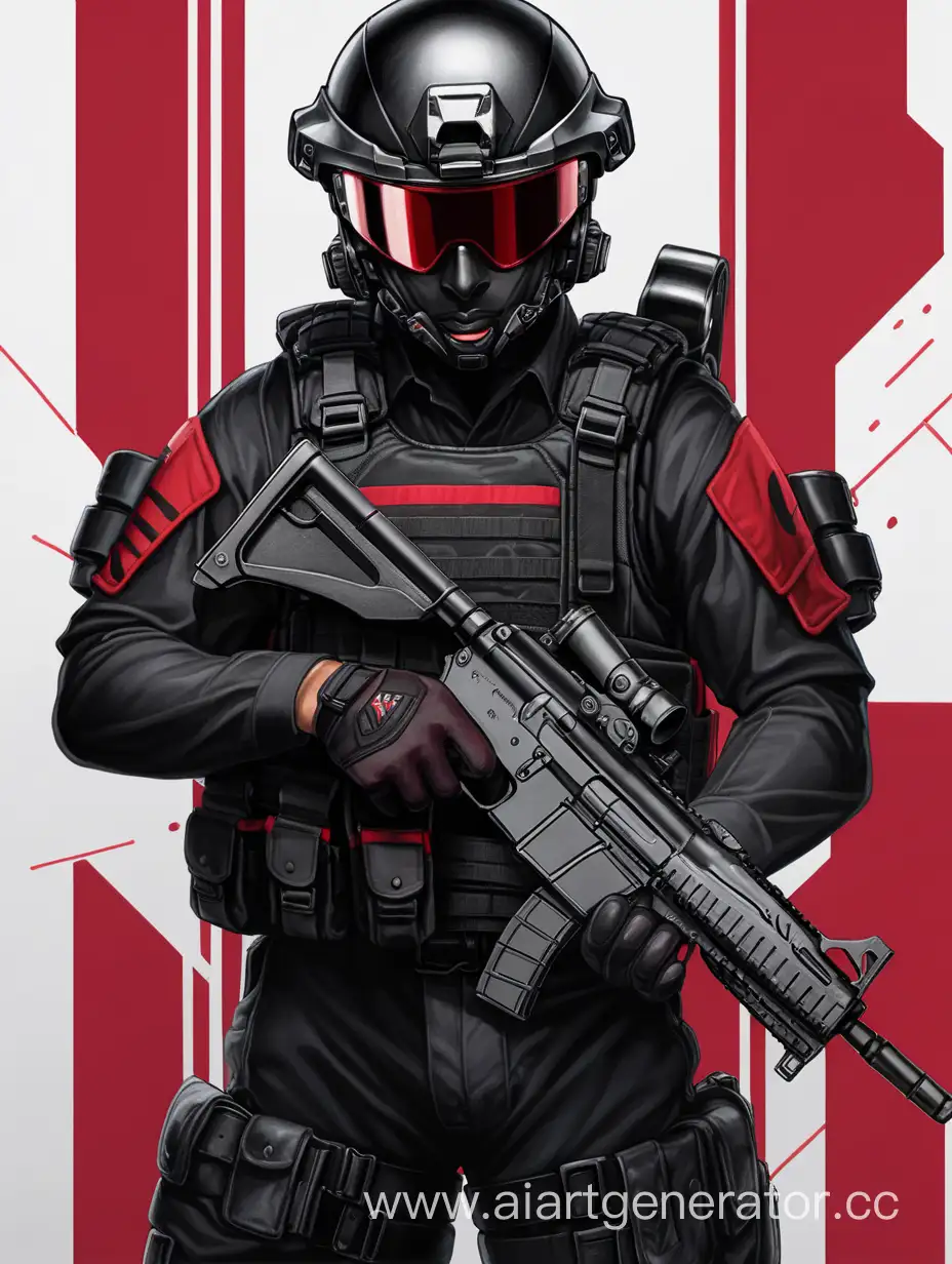 Мужчина, короткая стрижка, чёрные волосы, чёрные боевые перчатки, красная рубашка, чёрные брюки, чёрный шлем, чёрный бронежилет с красными линиями
