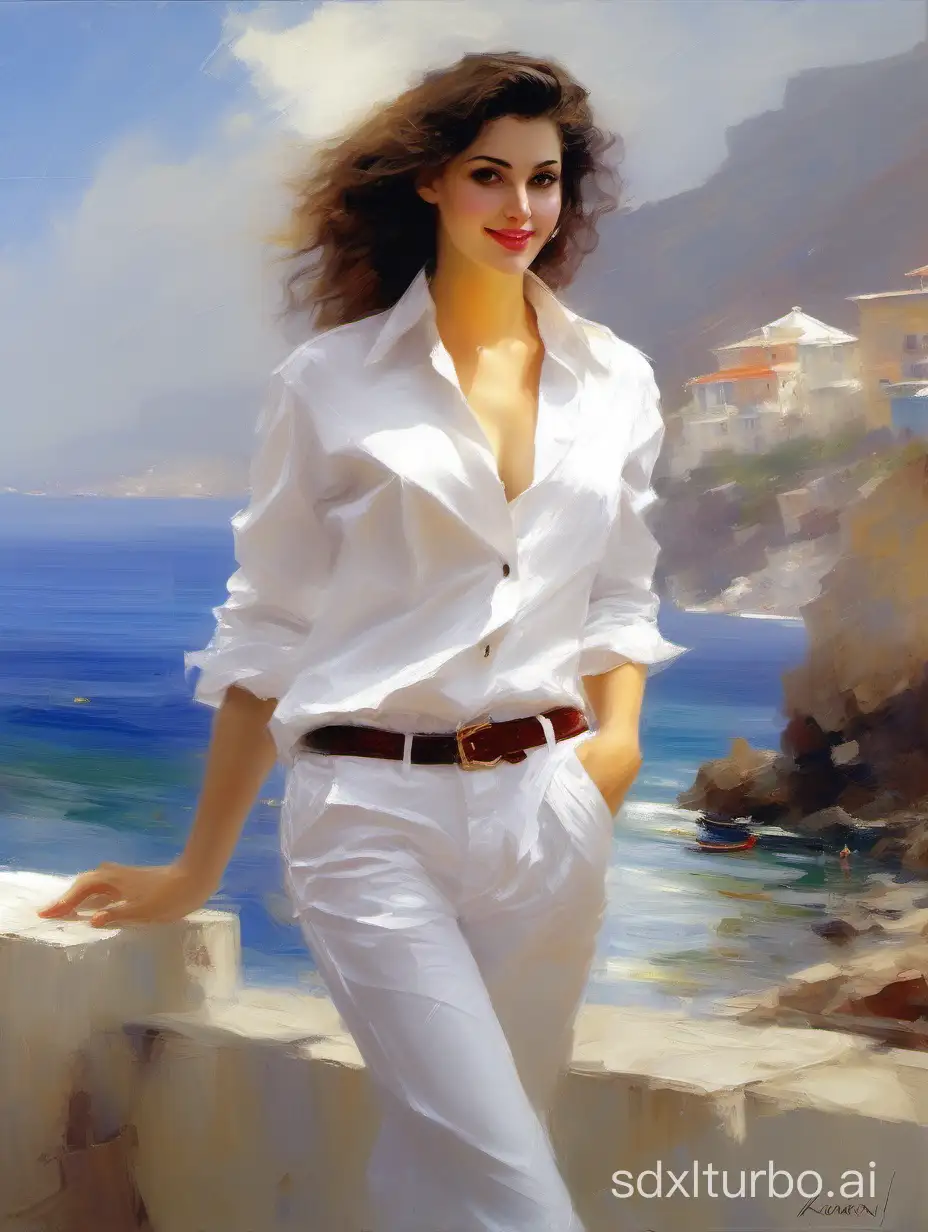 4K Pino Daeni, by Konstantin Razumov, is a dramatic oil painting set against the background of a calm blue Mediterranean seascape of a total figure of a beautiful brunette 21-year-old in a white linen shirt and white linen pants with a serene smile. Oil Paints, Digital Art, thick layers of paint,