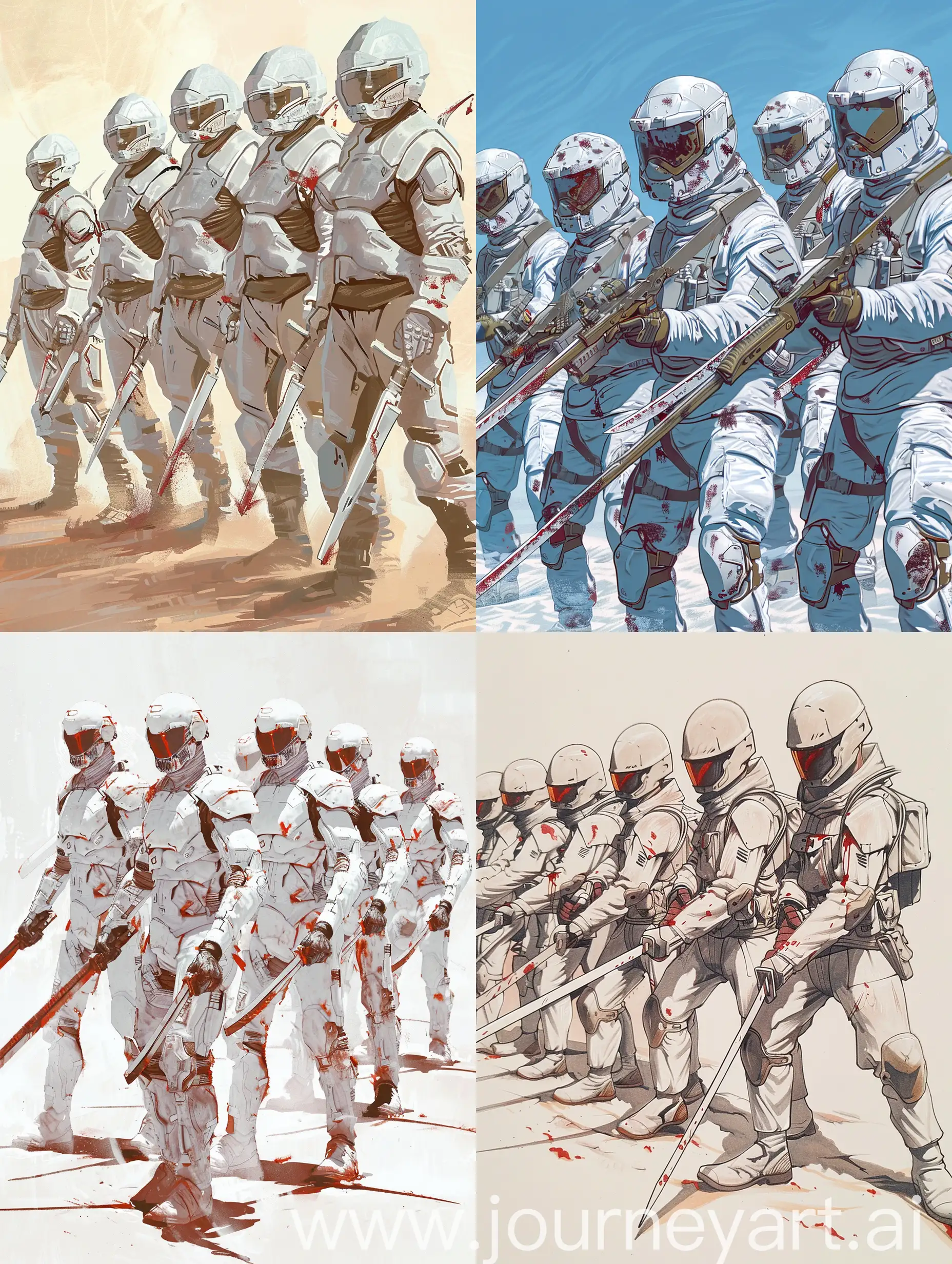 Draw me a squad of Dune sardaukar sci-fi soldiers armed with futuristic katana-like swords. Their white tactical suits are lightly covered with their enemies blood. 