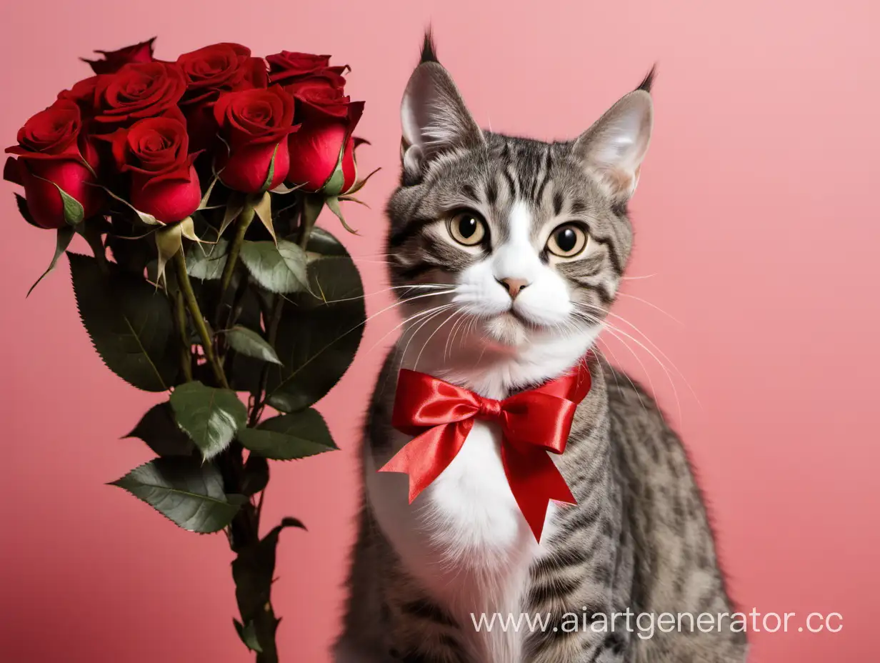 Котик стоит с цветами роз и говорит с восьмым марта