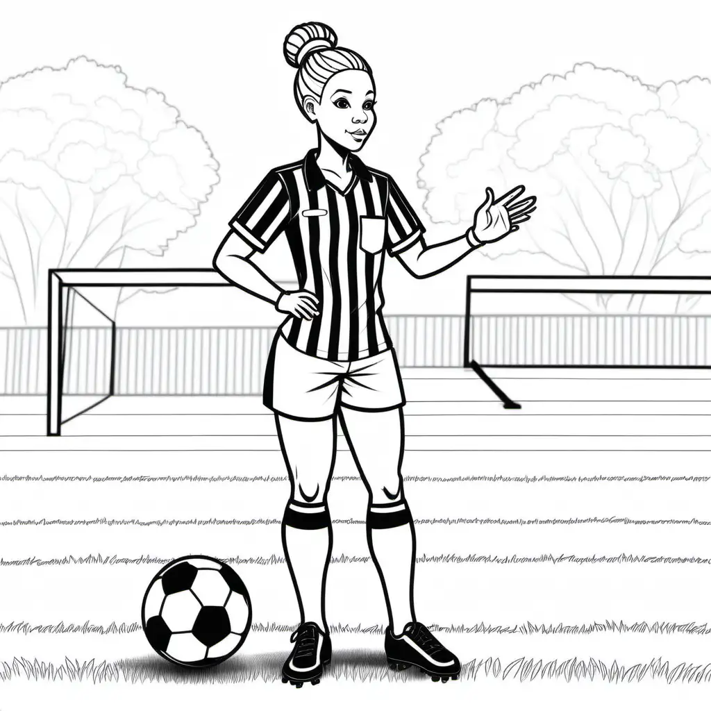 kids colouring page, simple, outline no colour, black lines white background, crisp, african-american, female, referee, full body, on soccer field, hair low bun, foot on soccer ball, whistle in hand