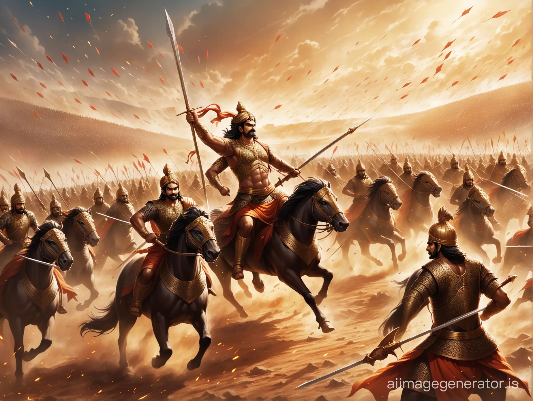 A chaotic scene of clashes between the two armies on a vast battlefield, with warriors charging into battle, swords clashing, and arrows flying through the air, while amidst the chaos, King Arjun stands tall, rallying his troops with a determined gaze.