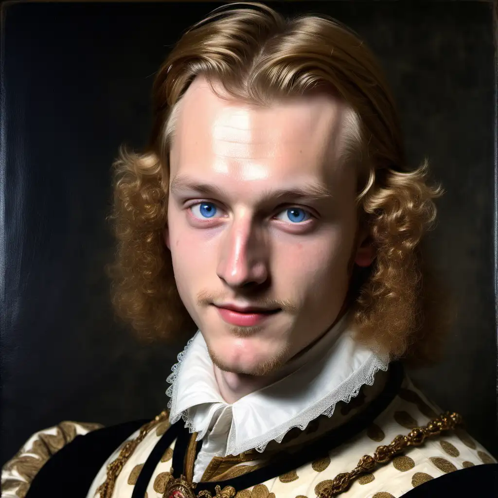 A photo of a very attractive 20-year old Elizabethan aristocrat Henry Wriothesley, Third Earl of Southampton, with an arrogant, cocksure smile staring into the distance, blond hair and blue eyes. 