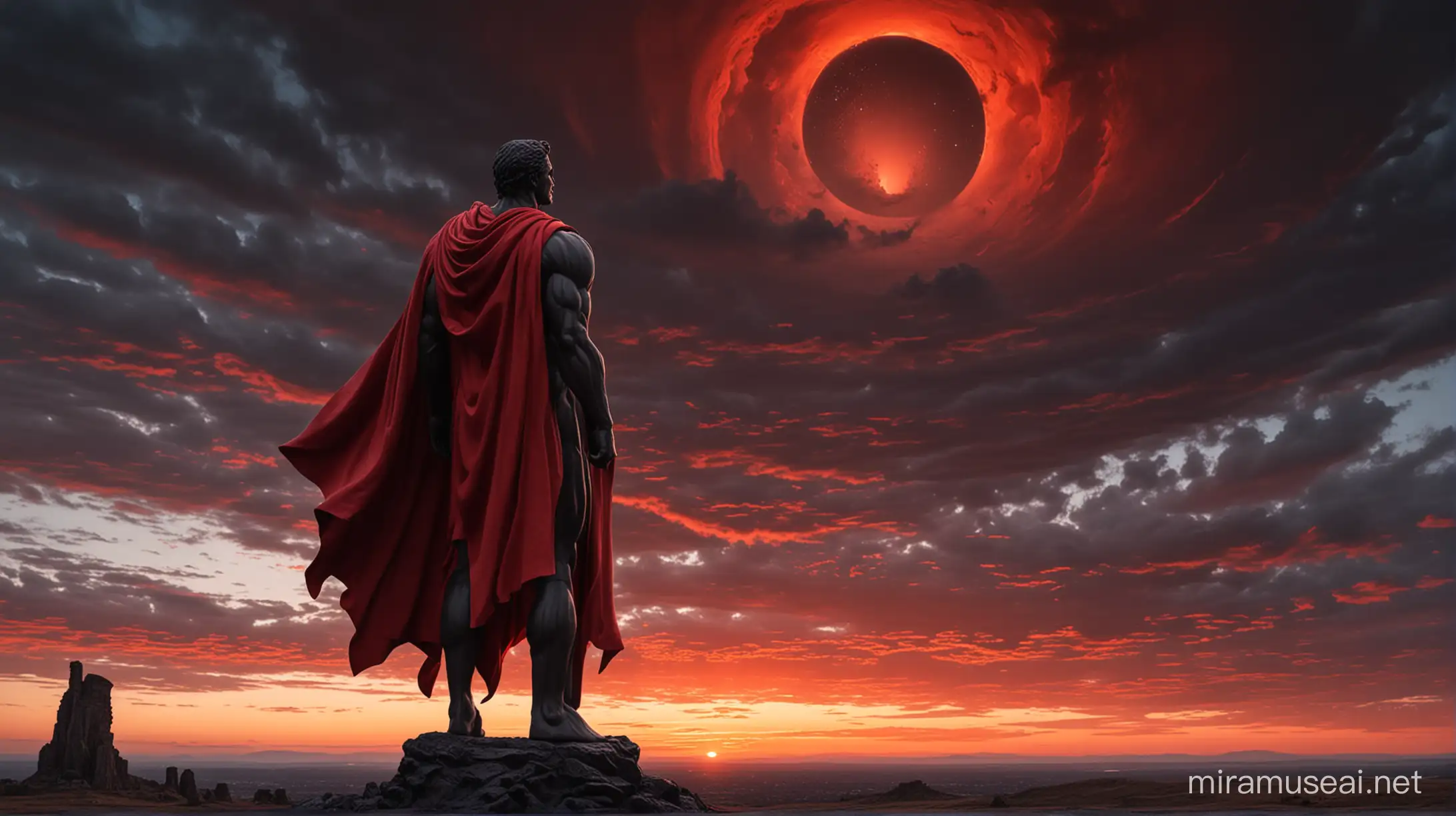 Stoicism, Motivation, stoic muscular statues outside , dark sunset, 
looks at the sky
and in the distance he sees a black hole, the sky is dark and has a red glow, the figure has a red cape
 