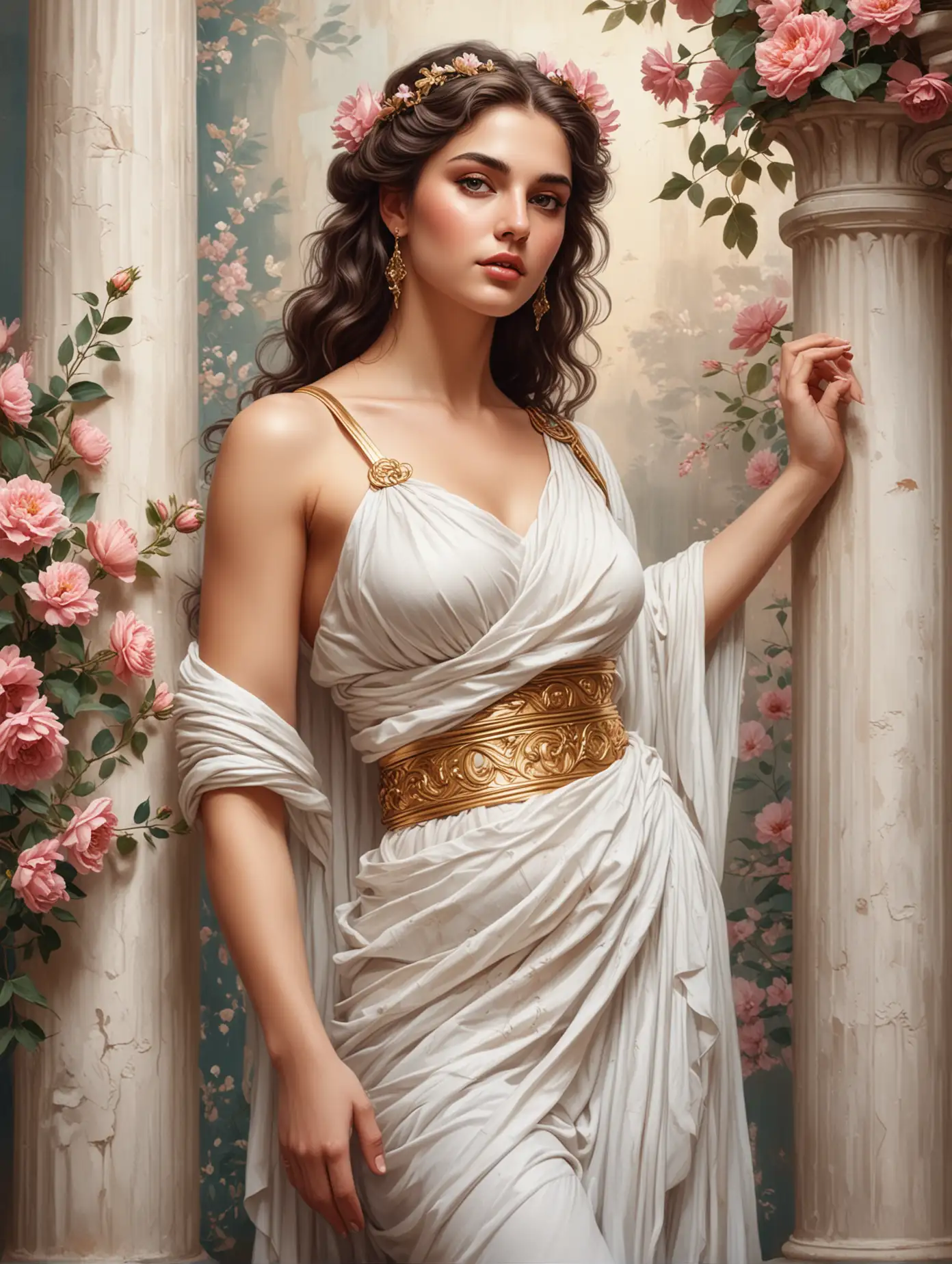 illustration of a beautiful Greek goddess, she is glamorous, cinched waist, columns with flowers in the background, portrait