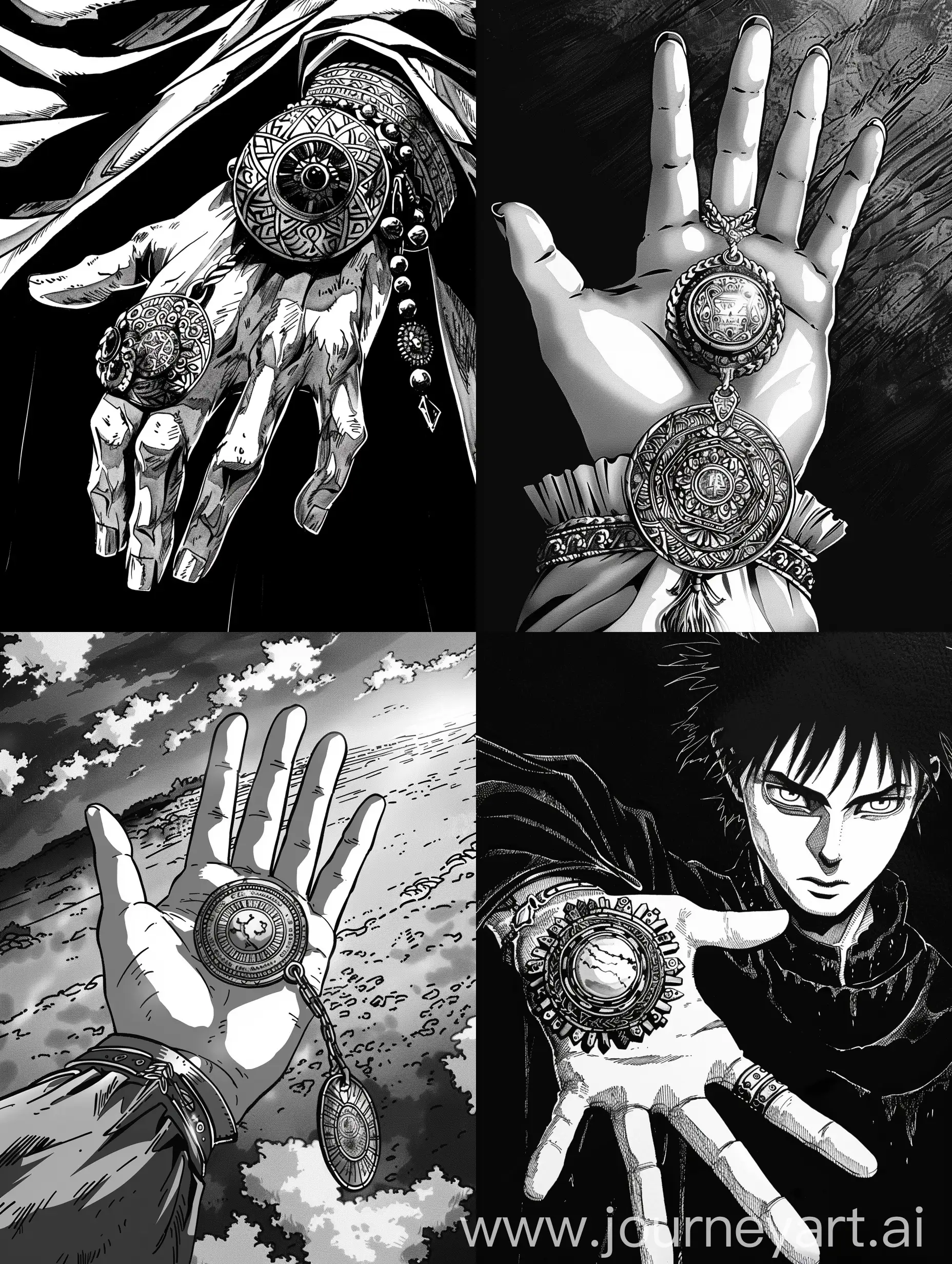 the amulet in the hand, manga style.