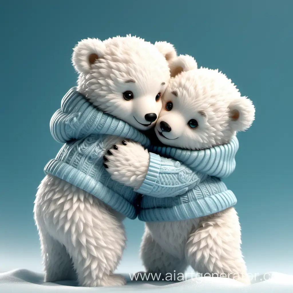 милые белые медвежата в зимней одежде обнимаются