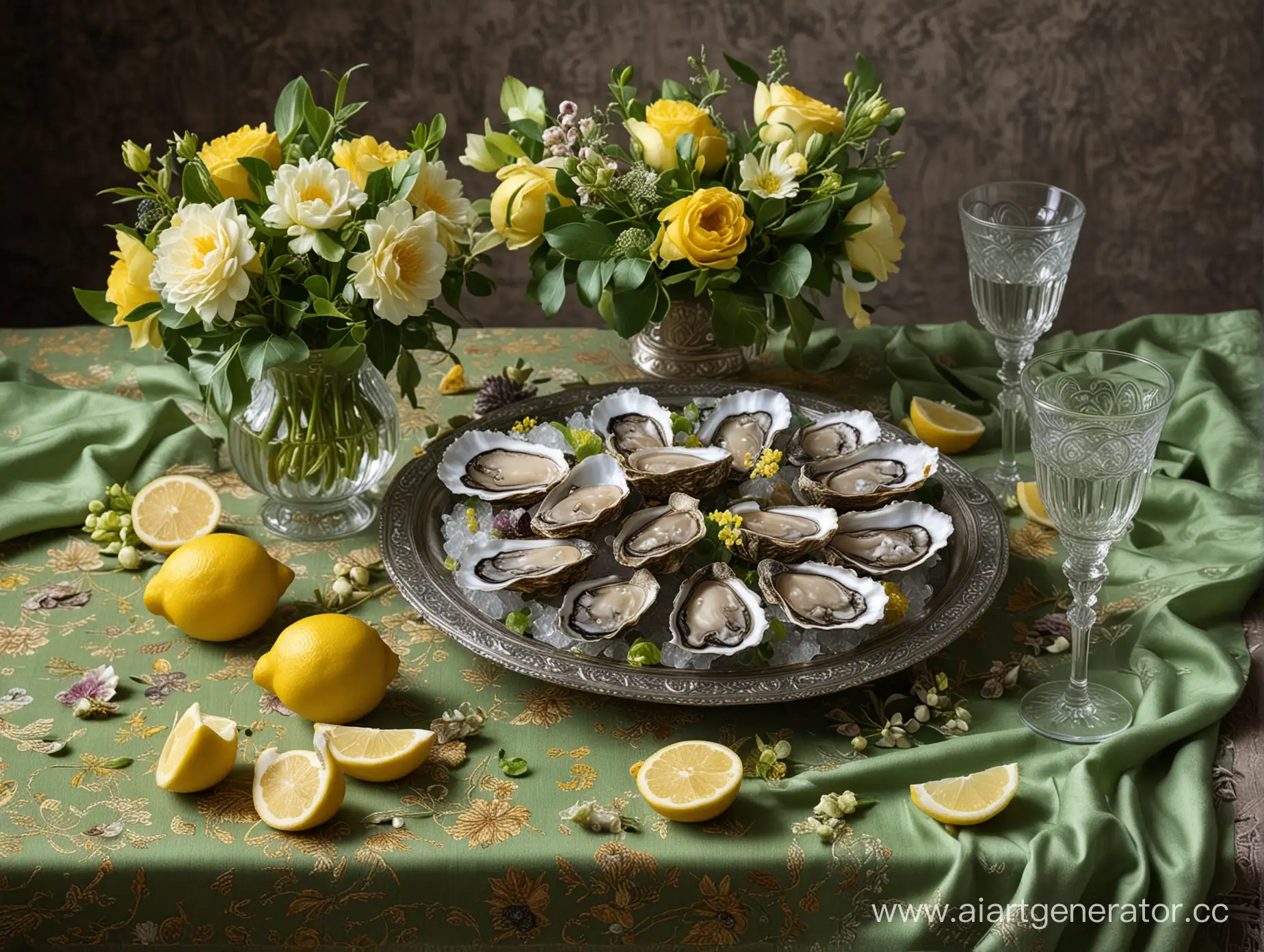 натюрморт в турецком стиле, богато украшенный стол, устрицы, цветы, лимон, зеленая ткань, бокал