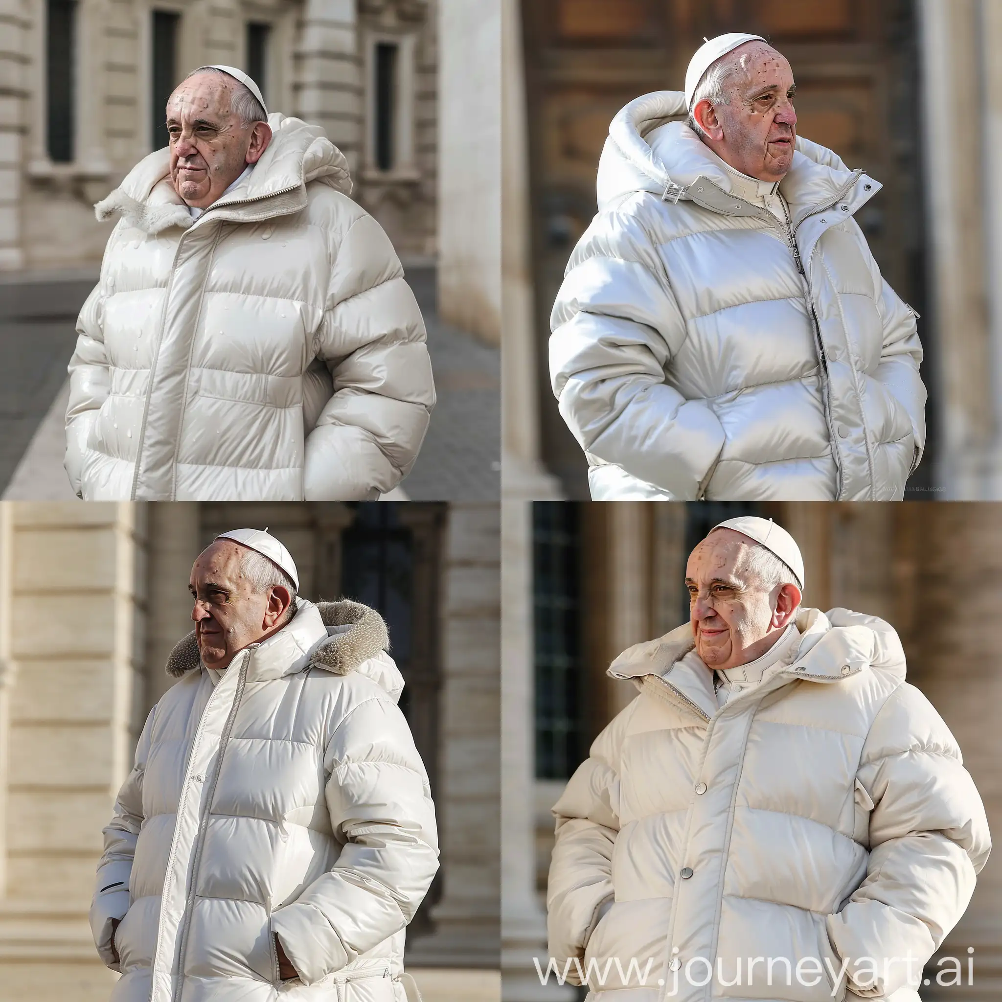  news photo, Pope Francis wearing a balenciaga puffer jacket, daytime , side angle view, perfect face, drip