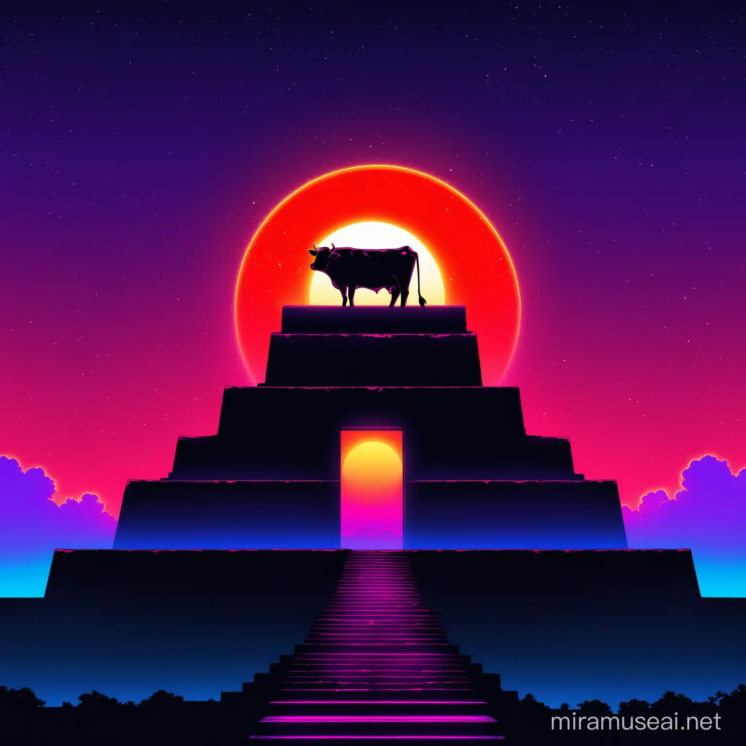  neon red cow 
background- on top of a temple/noir blue/goldpurple sunrise /beautiful sky-noir