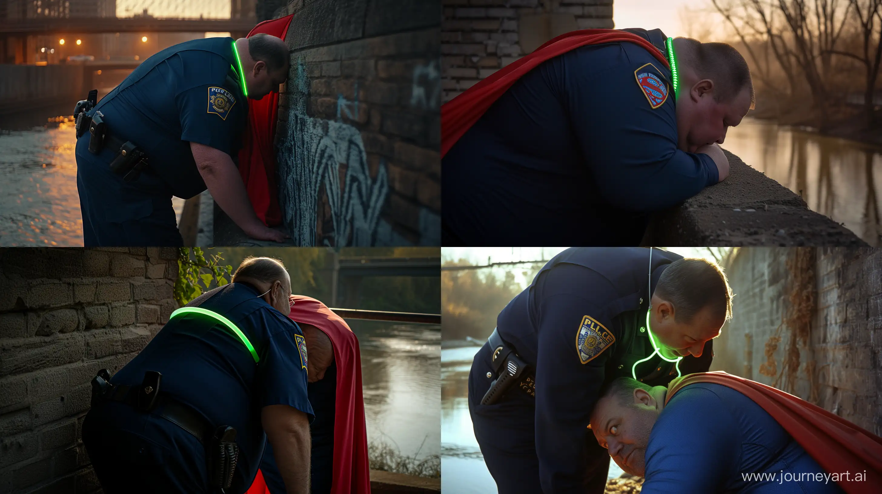Close-up photo of a fat man aged 60 wearing a navy police uniform. Bending behind and tightening a tight green glowing neon dog collar on the nape of a fat man aged 60 wearing a tight blue 1978 smooth superman costume with a red cape leaning on a wall. Natural Light. River. --style raw --ar 16:9
