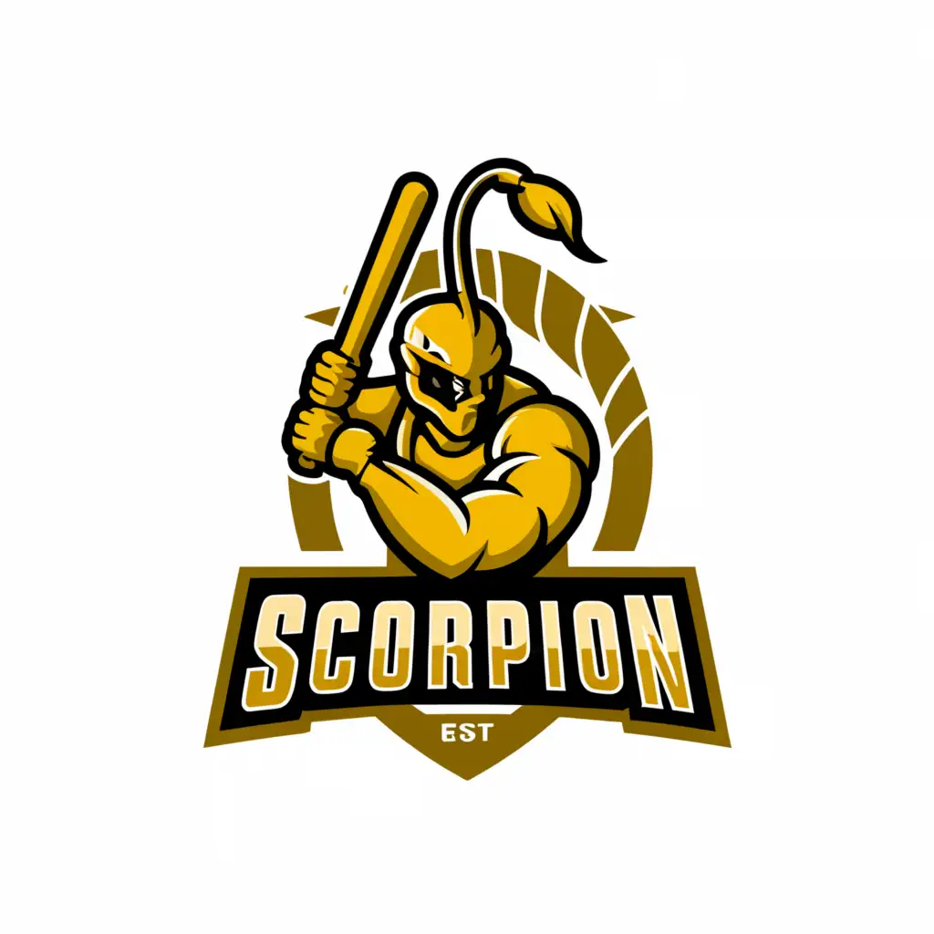 a logo design,with the text "Sting", main symbol:Scorpion in shades of yellow and black holding a baseball bat,complex,be used in Sports Fitness industry,clear background