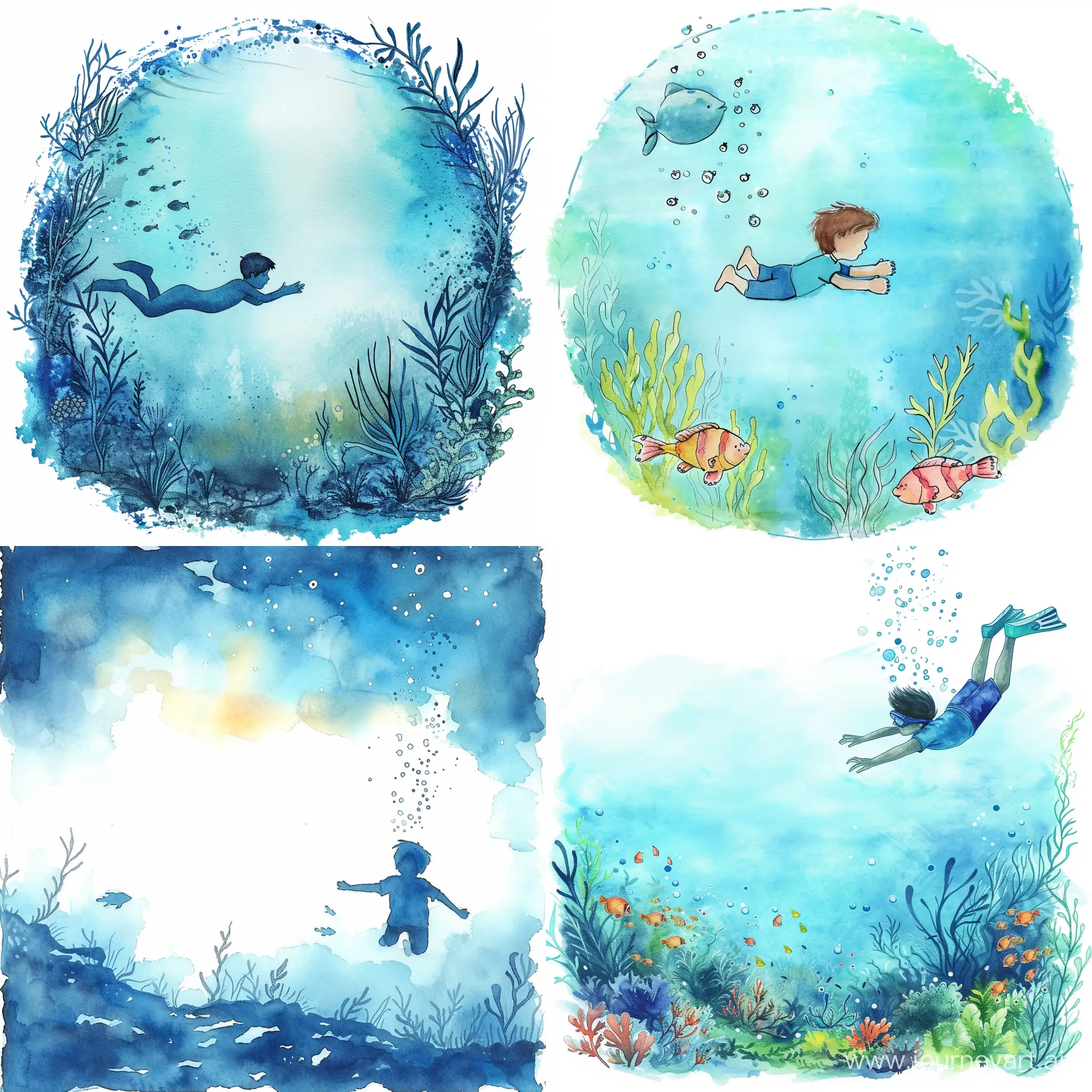 A  watercolor clip art of an underwater scene with a boy diving
