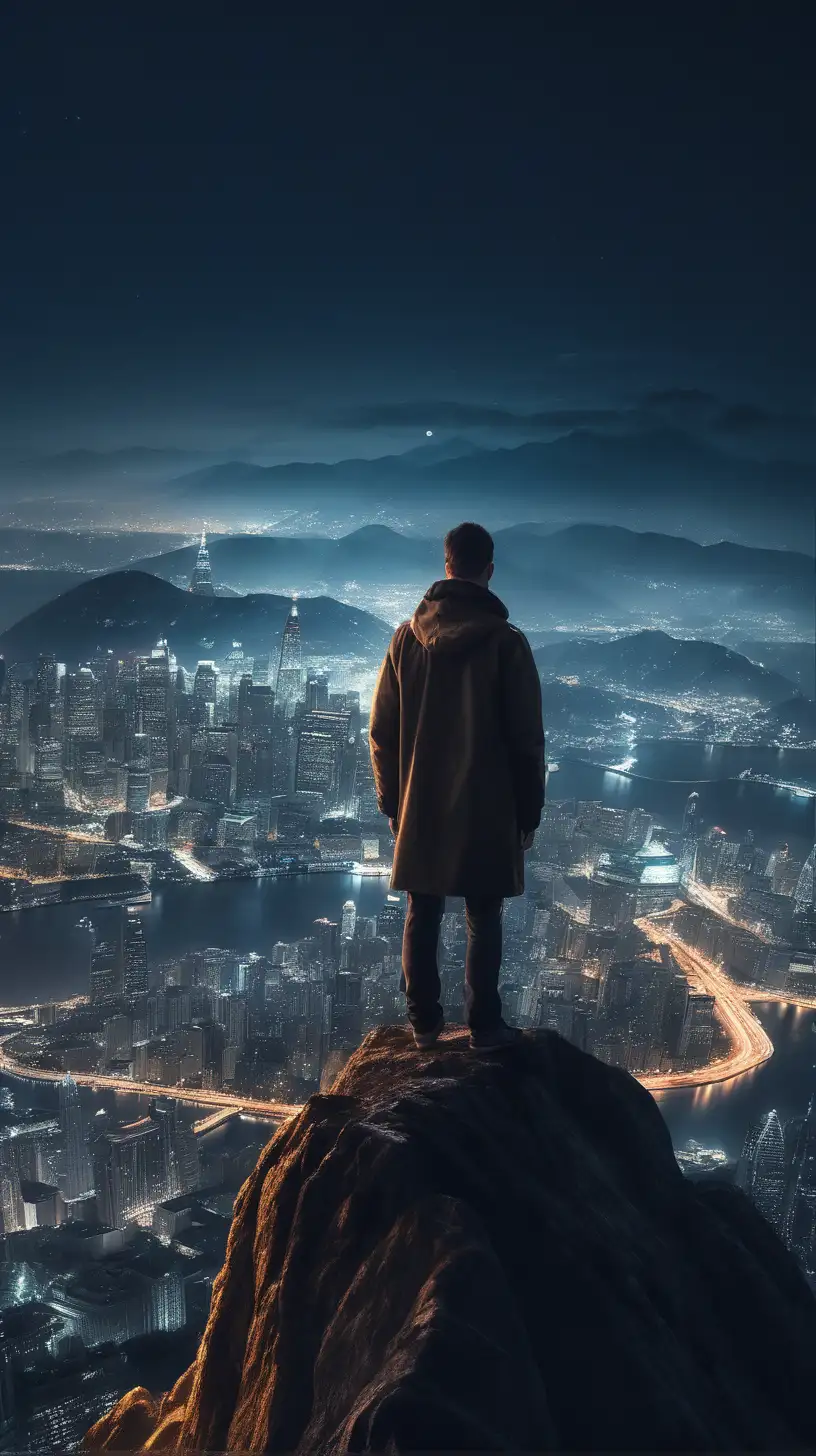 create a realistic image of A person standing on a mountain, overlooking a a city at night