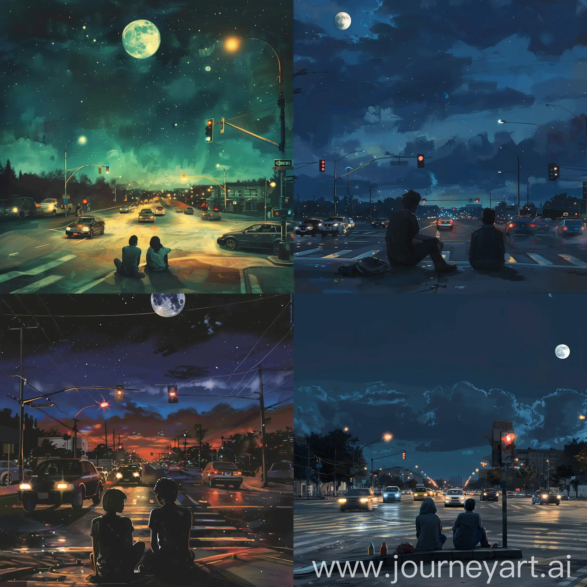 book cover, two figures sat at an intersection at night time, cars driving around them and the moon in the sky