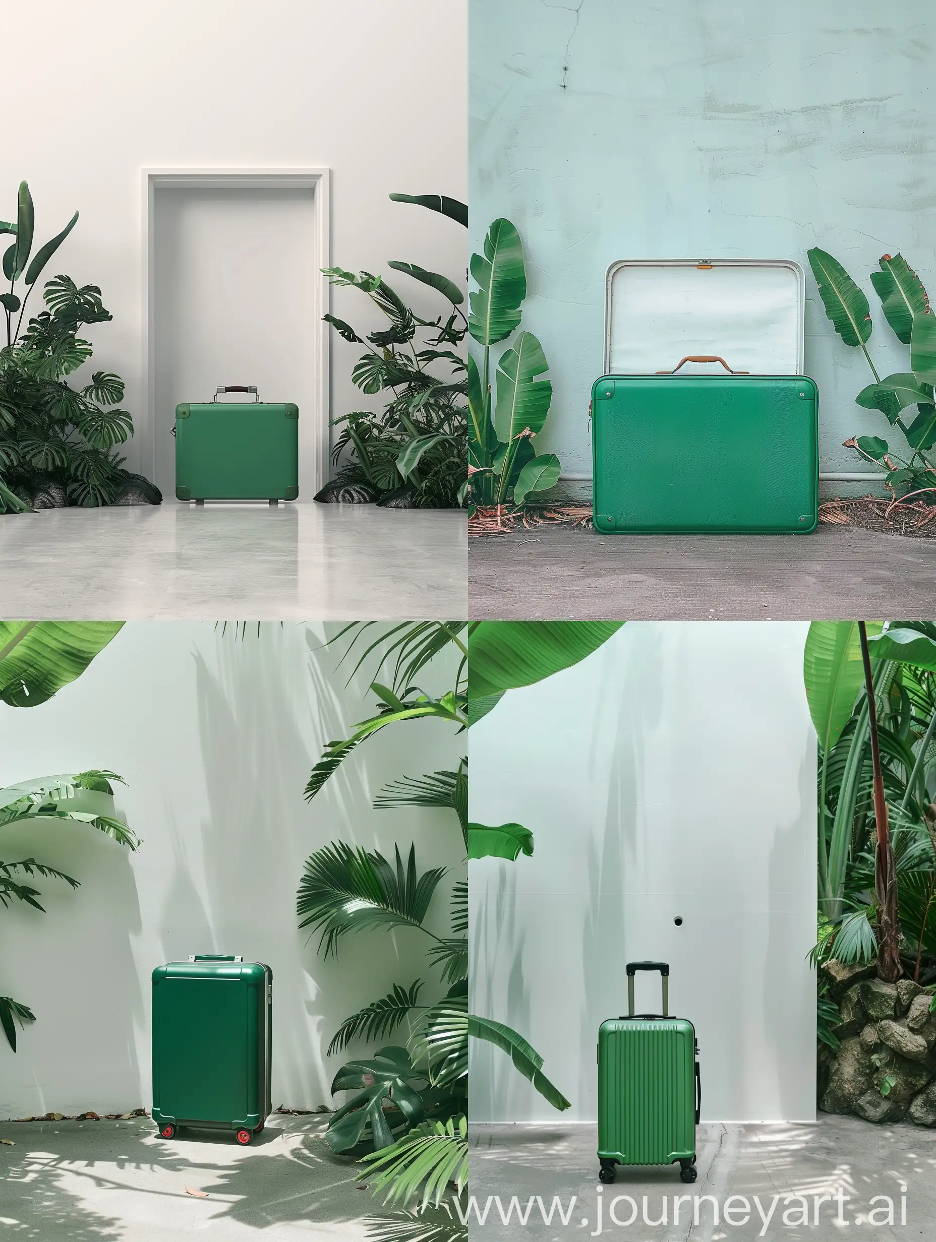 Editorial minimalist shot of green suitcase in front of the large white wall with small opening, muted exotic rainforest --ar 3:4