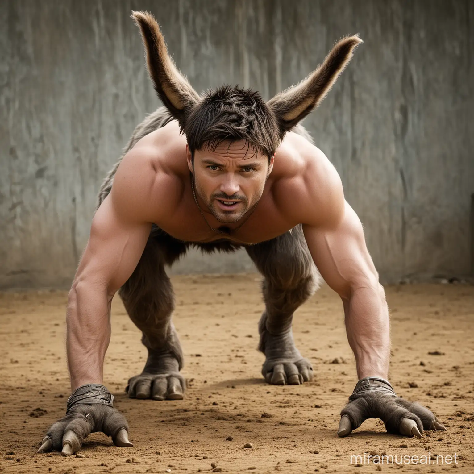 Karl Urban on all fours transforming into a donkey. He has donkey ears. He has donkey legs. He has donkey hooves. He has a donkey tail. He has a complete donkey body. And he's braying like a donkey. But his head is human.