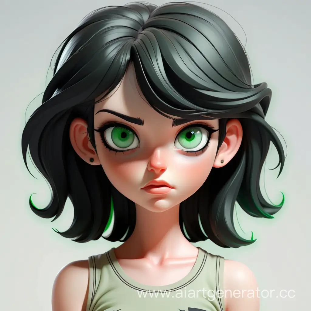 Stylish-Girl-in-Shorts-with-Head-Bust-Featuring-Black-Hair-and-Green-Eyes