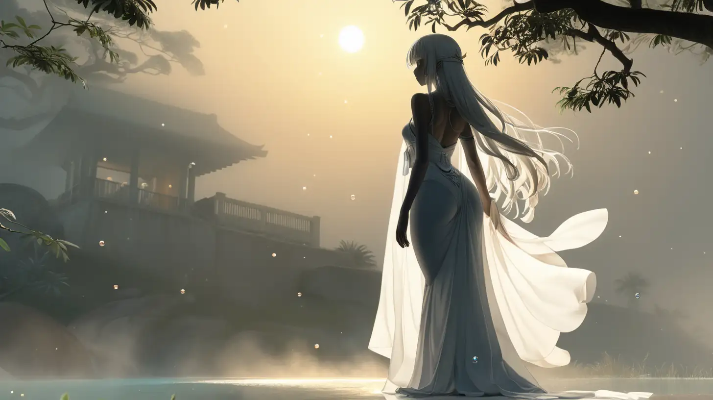 [BACKGROUND] Anime Silhouette, looking over a shoulder, long white dress with plunging neckline, sexual effects, shadows, bubbles, steam, sunlight, full body, beautiful shape, beautiful body, (adult, mature, wise, whole body, long white hair, wise golden eyes, full hips/thighs/waist, perfect hands, and bewitching chest), extremely detailed, ultra-sharp focus, depth of field, perfect meshes and textures, highly accurate reflections, volumetric fog, volumetric lighting, face drawn by the masterful artist Paul Gauguin, thin and soft lines 9:16