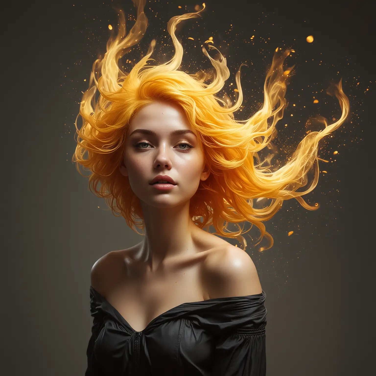 a beautiful female human-shaped fire sprite that gave off smoke that swirled around her. She has a tangle of flaming yellow hair that floated and twirled above her head. She looked like a flame given a plump female shape. She had a round chin, dainty toes, and plump arms. translucent smokey silhouette art, hyper-detailed surrealist maximalist liquid inks silhouette illustration masterpiece, 16k resolution, dynamic backlighting, bokeh-effect, complimentary colors, joyous good feeling iridescence, double exposure
