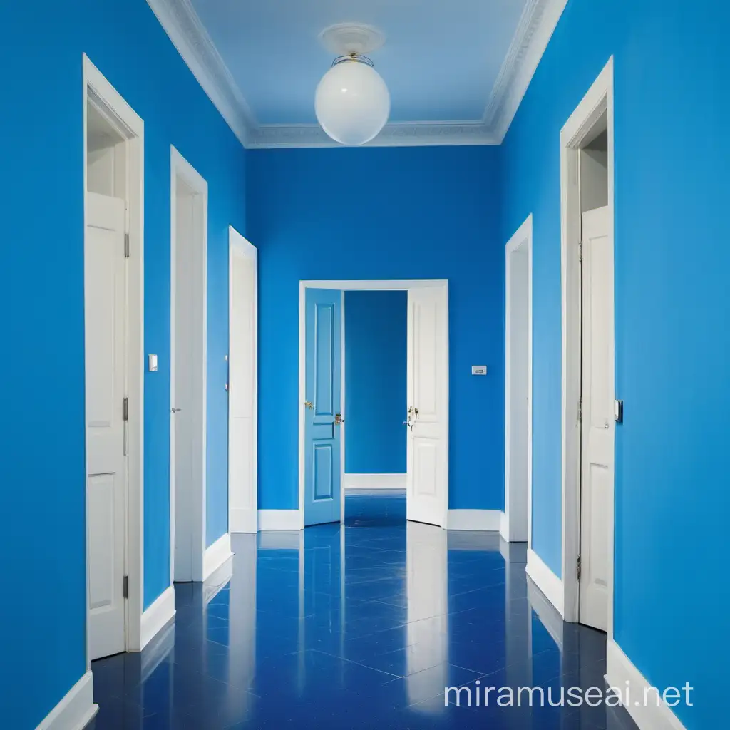 Vibrant Blue Corridor with White Doors