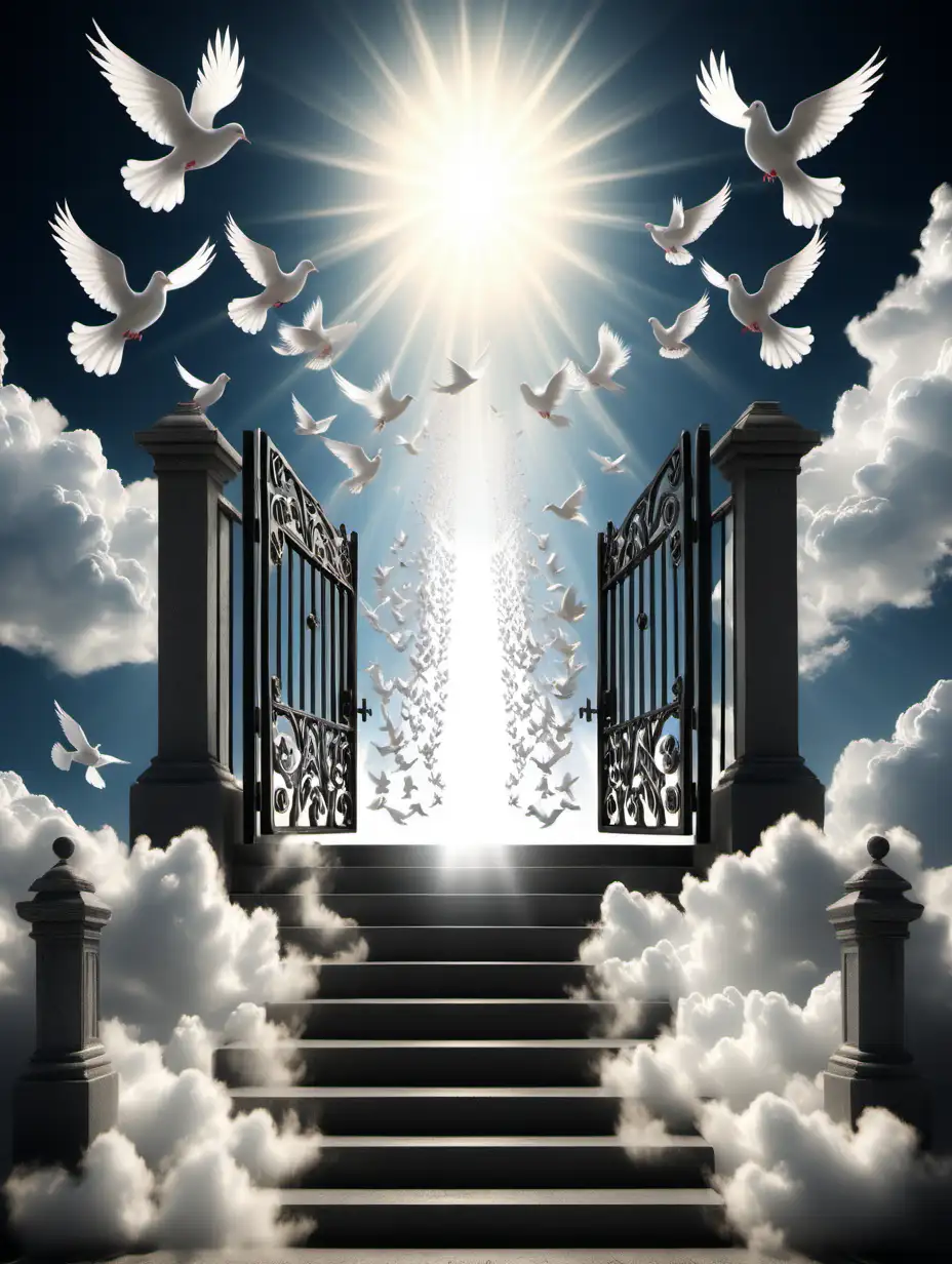 Celestial Gate Opening Ethereal Sunlight Doves and Cloud Stairs