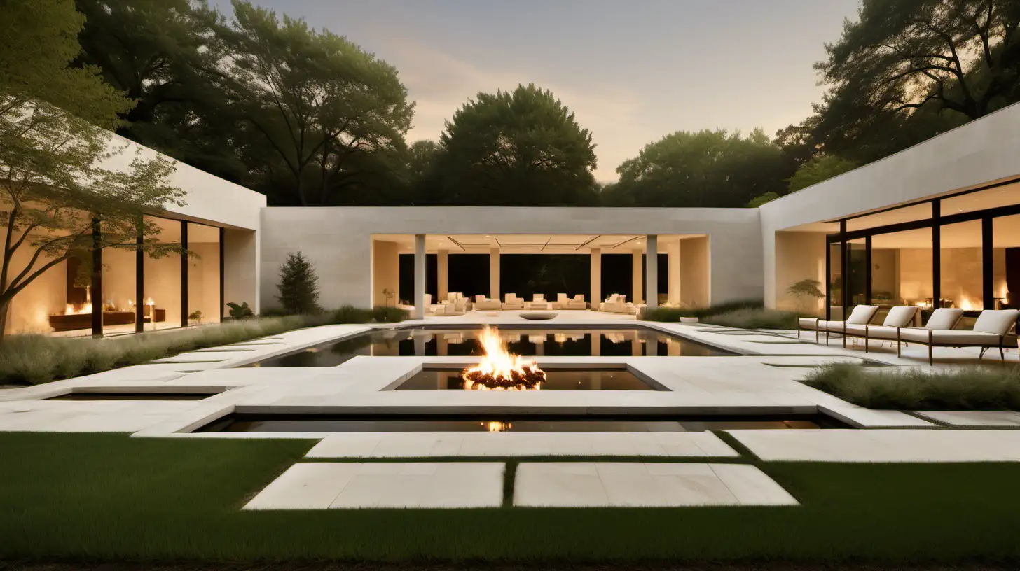 Minimalist organic estate home backyard with sprawling gardens, a firepit, Limestone pool; ivory, beige, blonde oak