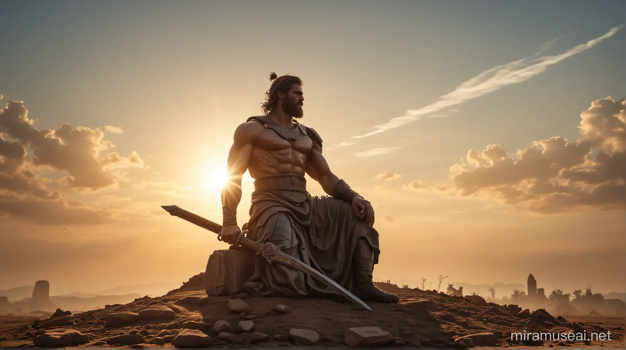 Stoicism, motivation, stoic muscular CHARACTER in the arena
the figure is sitting in front of a sword stuck in the ground and there is a beautiful sun in the sky