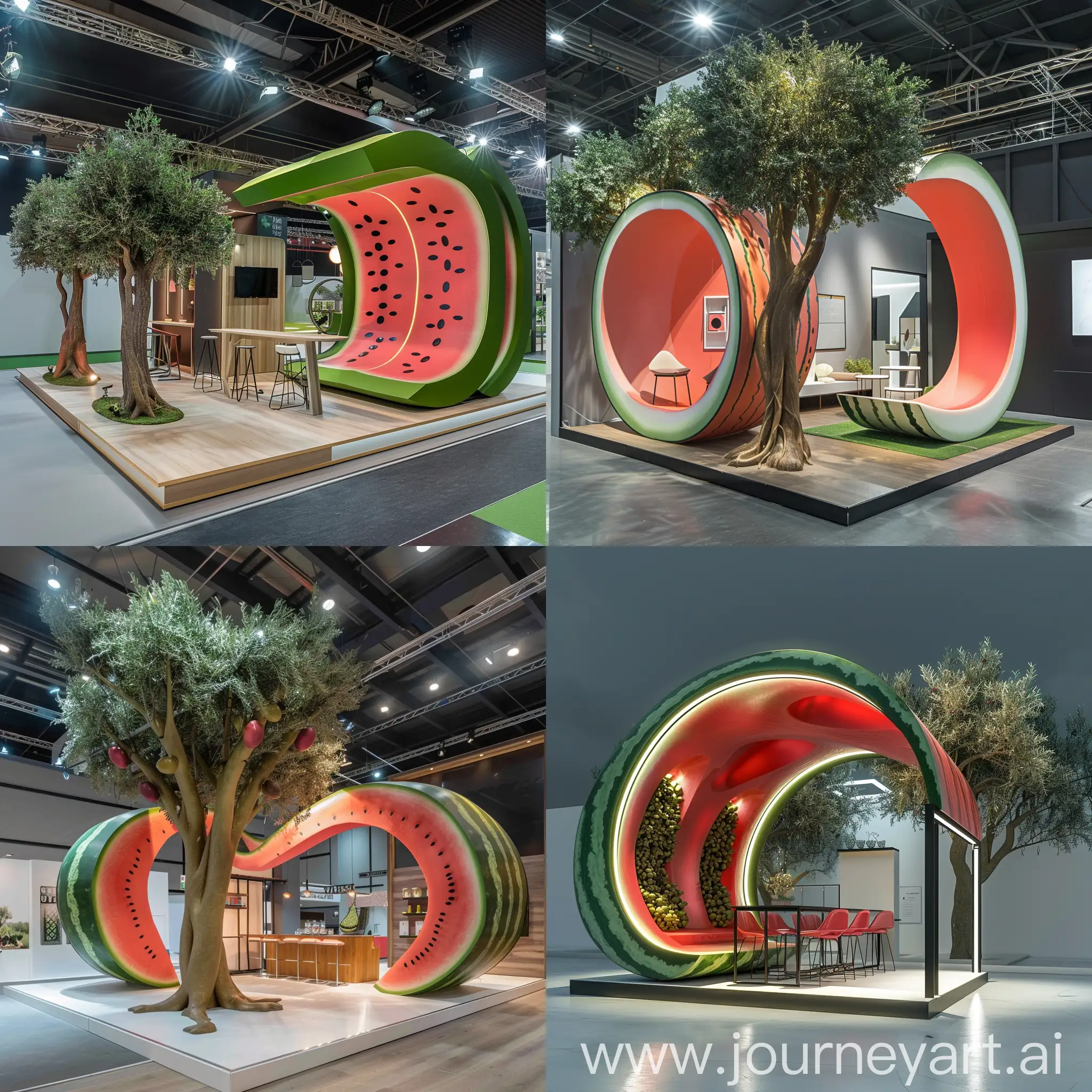 create a design for booth with quarter watermelon shape on its sides which is totally opened in the front and the back is in the shape of olive tree with open area for air flow