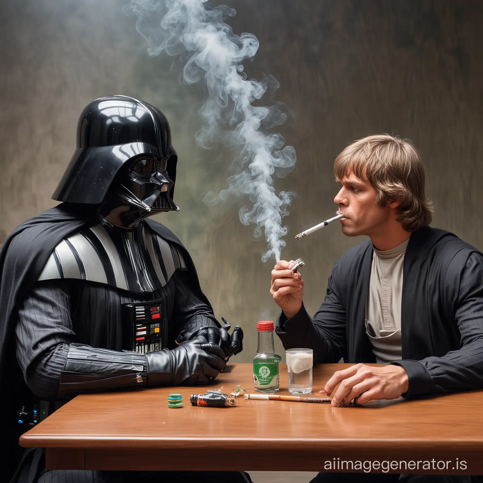 Darth Vader with Luke Skywalker smoking weed from bong and drugs on table