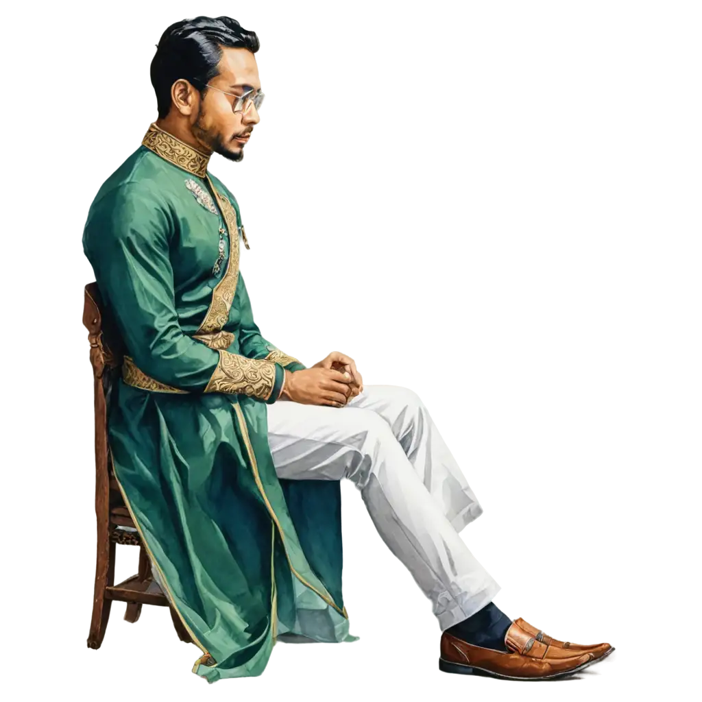 malay royal, sitting down, watercolor Art
