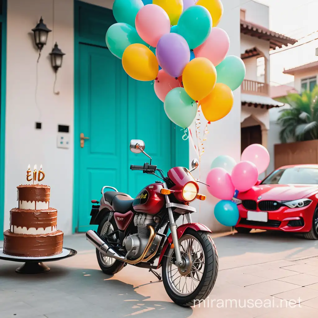 A motorcycle next to Eid cake, Eid atmosphere, and balloons