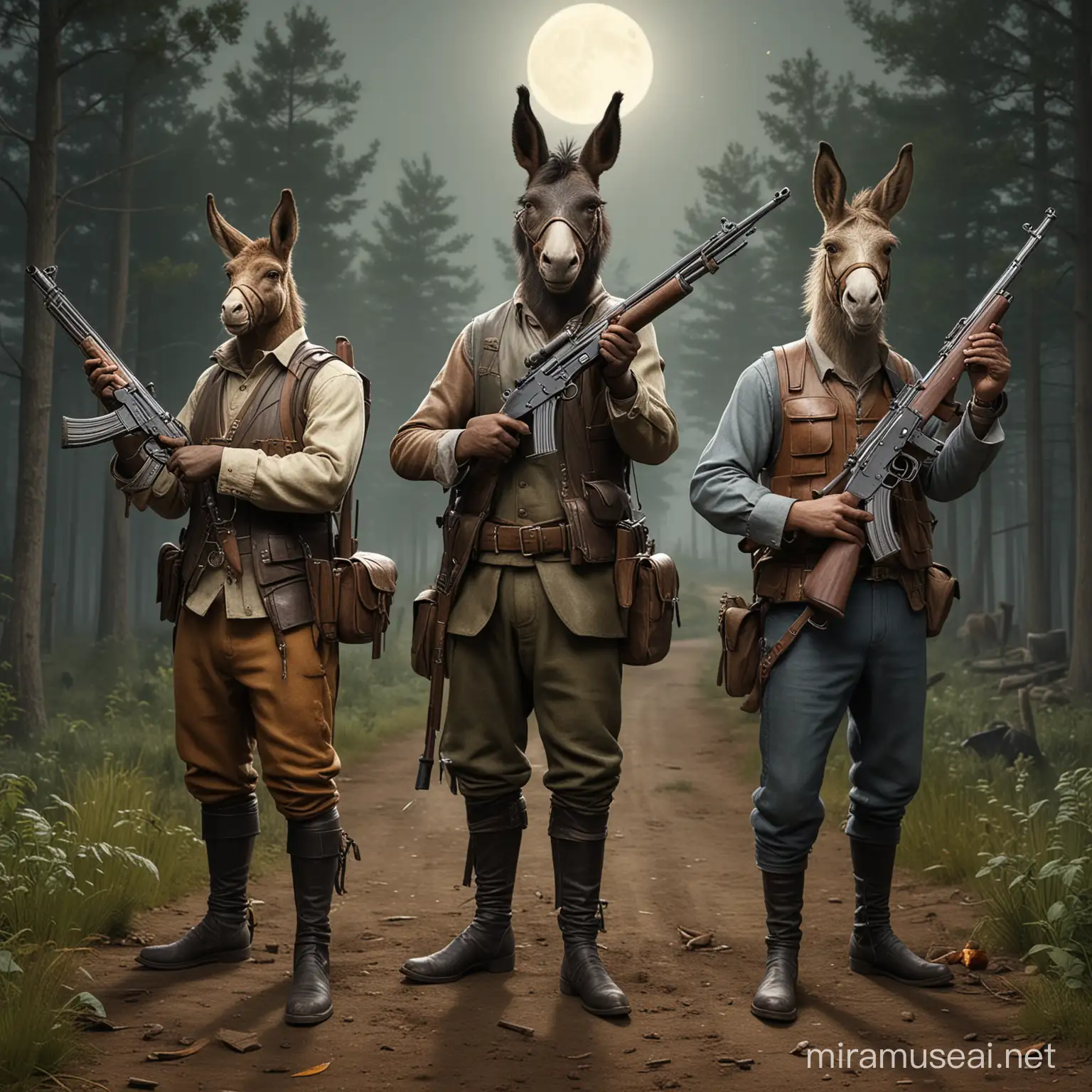 Create a photorealistic image of the Bremen Town Musicians with guns. The dog should be holding a shotgun, the cat should be holding a machine gun, the donkey should be holding a shotgun and the rooster should be holding a shotgun. The animals should be standing in a forest clearing, and there should be a full moon in the background.