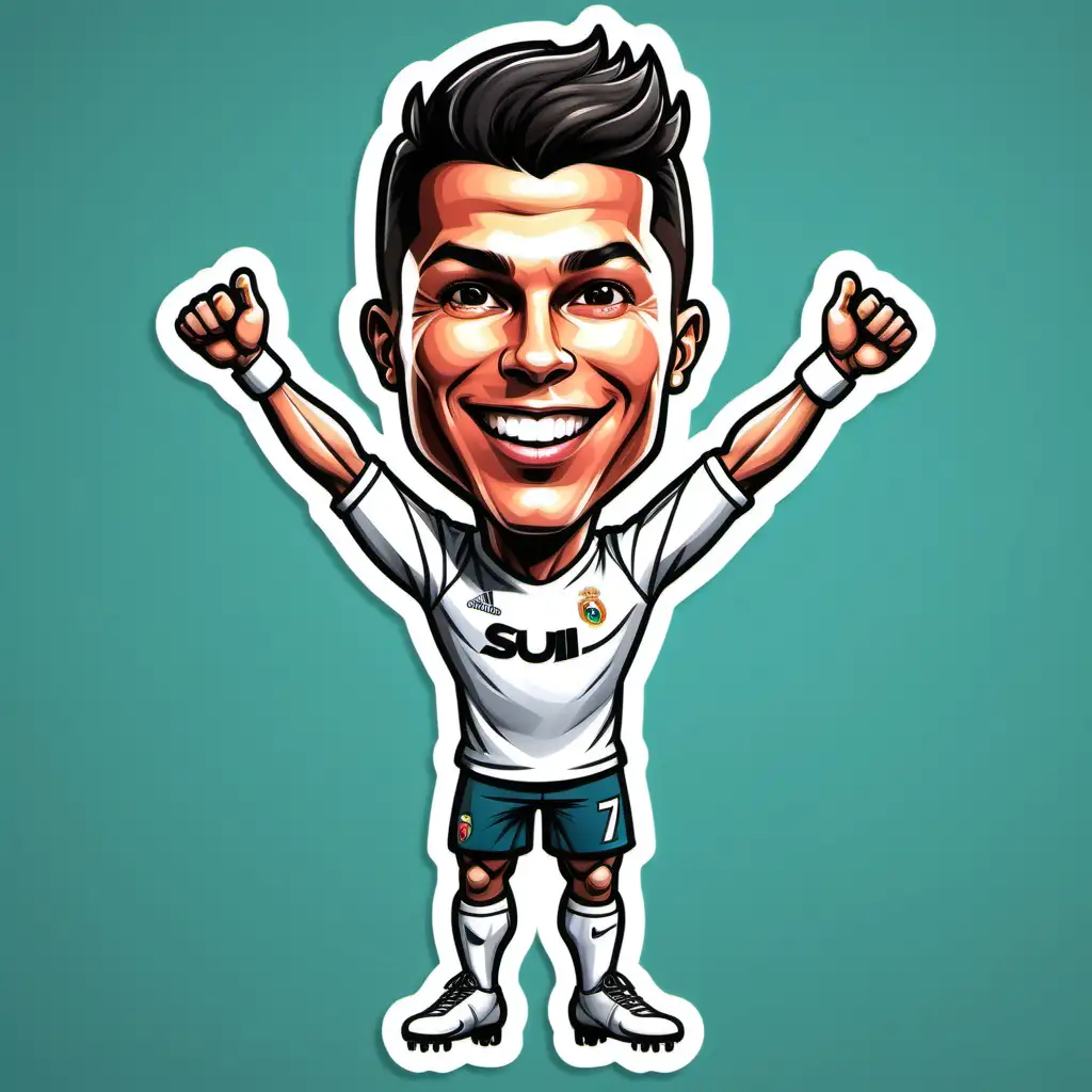 A close-up portrait of Cristiano Ronaldo, showcasing his mature features and defined jawline. He's captured mid-air, performing his signature "suii" celebration pose, with arms outstretched and legs spread wide. His face is a mix of determination and triumph, with a hint of a smile playing on his lips. Render the image in a detailed yet cartoon-like style, with bold outlines and vibrant colors.cartoon sticker style full body  