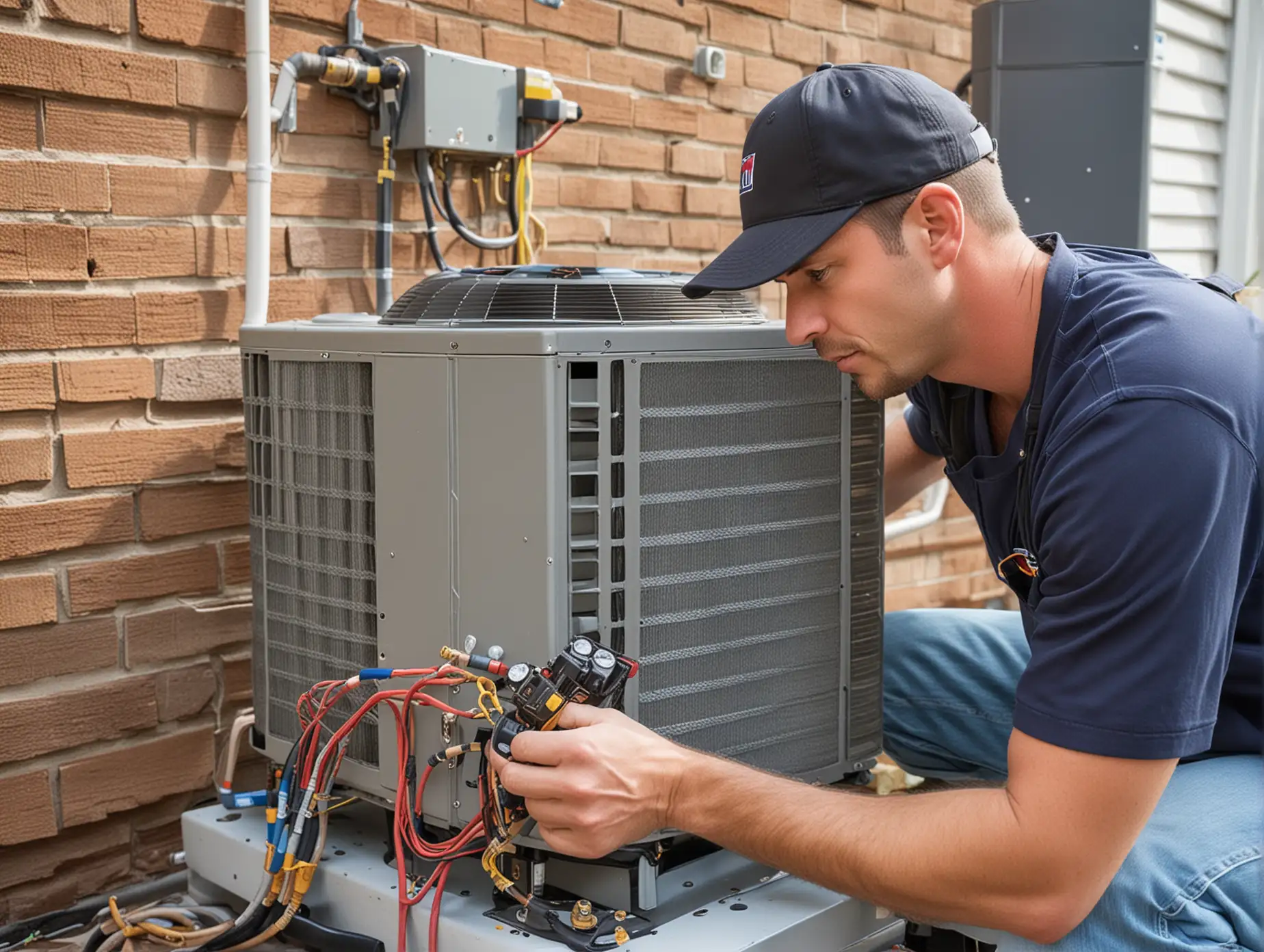 Create an image of a professional American hvac technician from north Georgia installing or working on an HVAC unit at a customers home.
