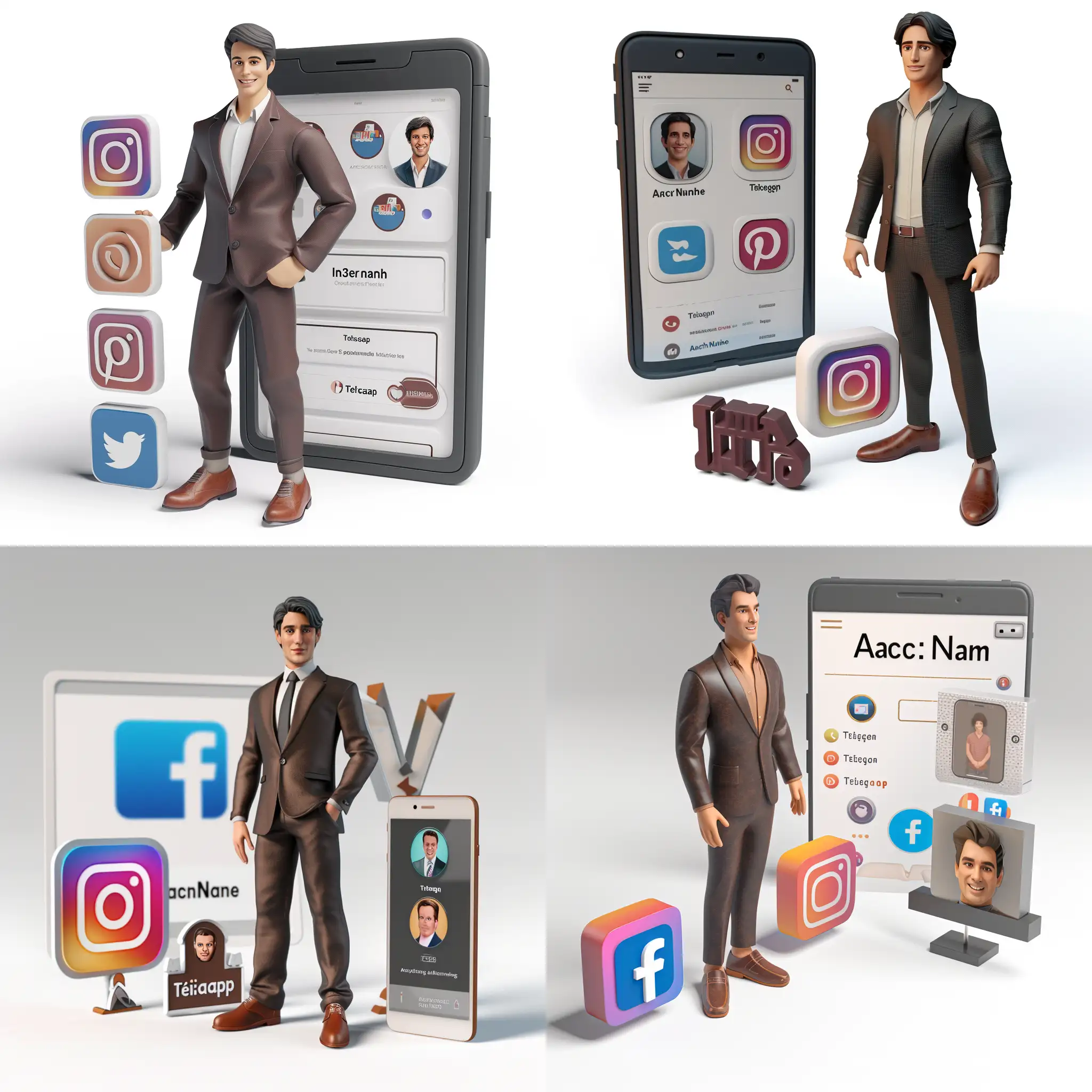 Create a 3D image of a man whose job is advertising in the virtual space, standing next to the logos of the social networks "Instagram", "Telegram" and "WhatsApp". The character should wear formal clothes such as a suit and leather shoes. The background image is an "Instagram" social media profile page with the username "Account Name" and a matching profile picture.