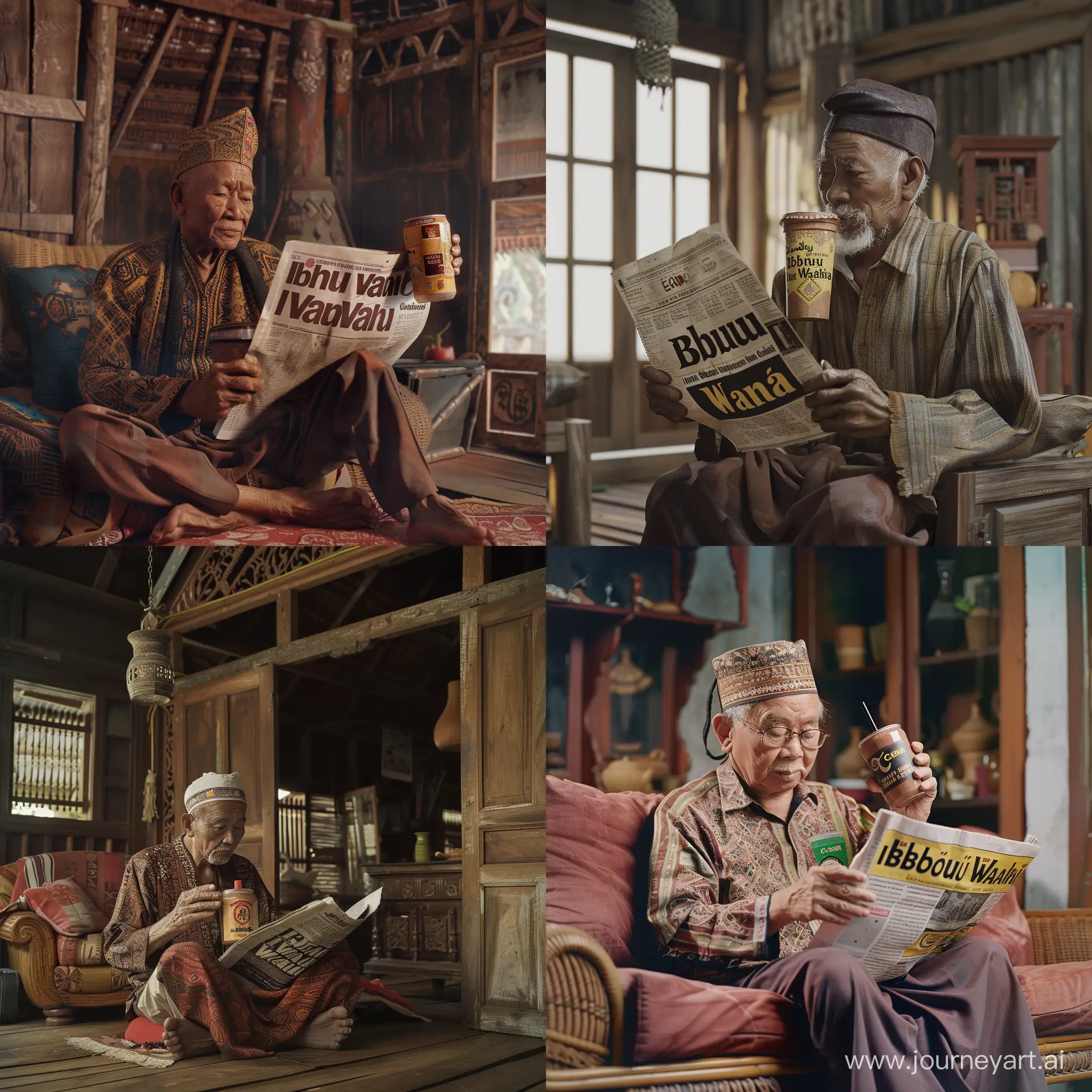 ultra realistic, a Malay man is drinking Ibnu Wahi branded cocoa drink while reading a newspaper, village living room, canon eos-id x mark iii dslr --v 6.0