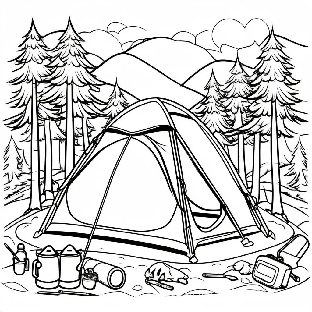 camping with a tent, Coloring Page, black and white, line art, white background, Simplicity, Ample White Space. The background of the coloring page is plain white to make it easy for young children to color within the lines. The outlines of all the subjects are easy to distinguish, making it simple for kids to color without too much difficulty