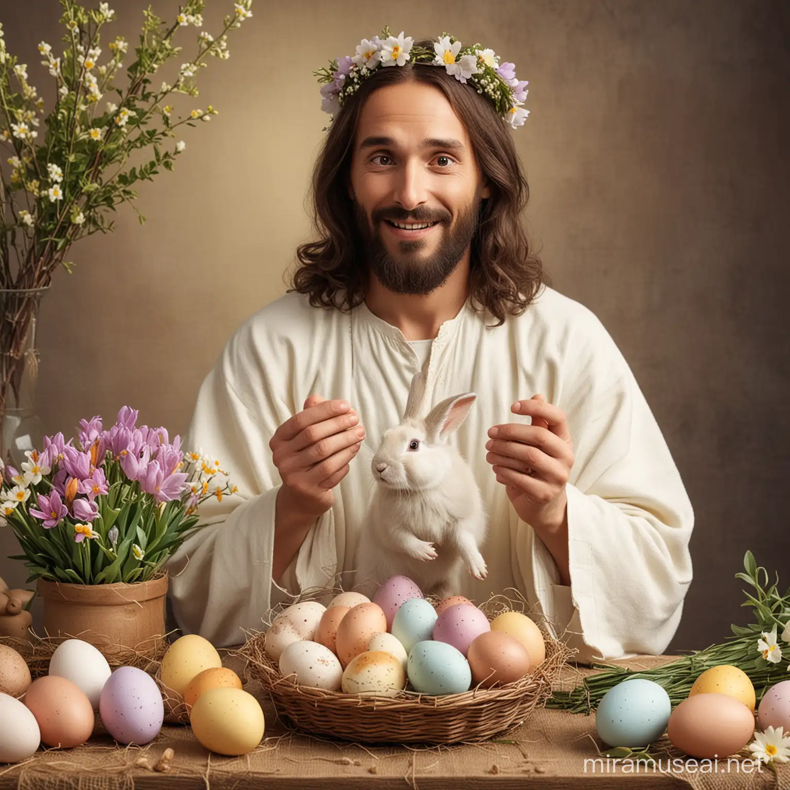  Funny Jesus with a rabbit, easter eggs and flowers
