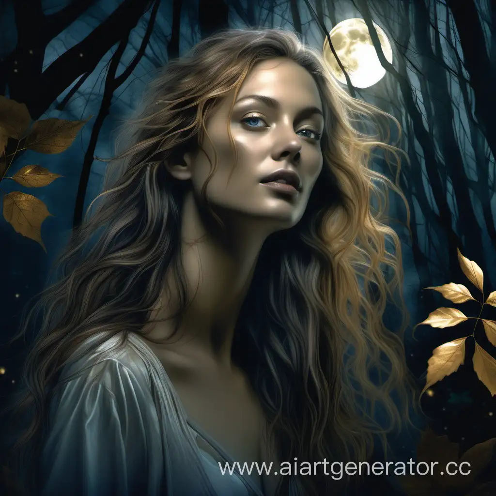 "Create a hyperrealistic portrait of a woman with delicate features and an ethereal gaze, standing in a moonlit forest lit by golden moonbeams filtering through the leaves. Close-up on her face and shoulders, slightly tilted upwards to capture the moonlight glow on her skin and flowing hair. Style: photorealistic, forest at night, dreamlike."