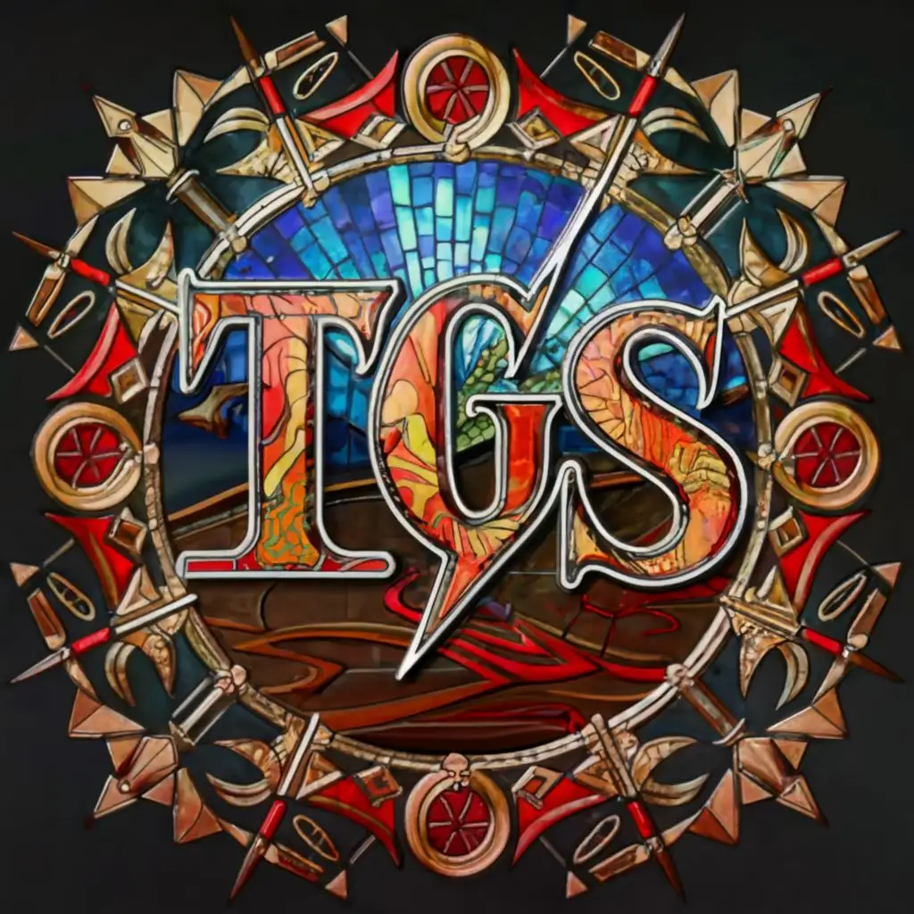 a logo design,with the text "TGS", main symbol:letters TGS, fancy letters, red, brown, black, 3D, stained glass window, dragons, sun rays, lightning background, fantasy roleplaying, power, community,complex,be used in Religious industry,clear background
