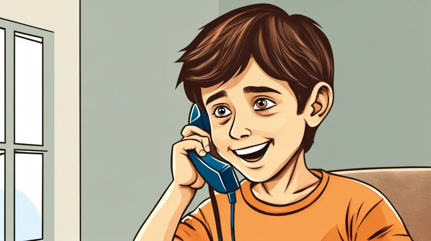 illustrate ten years old brown hair boy talking on the phone at home, he is happy