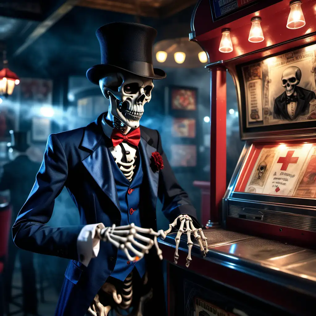 UHD, 8k, A photorealistic surrealist picture of an elegant gentleman skeleton wearing a morning suit and a black top hat with a red cross on it, blue waistcoat, grim reaper, holding a candle, smoky atmosphere, scull forms, standing in bar in front of a dukebox machine with flashing lights, steam, rice paper, picture of a goat on the wall