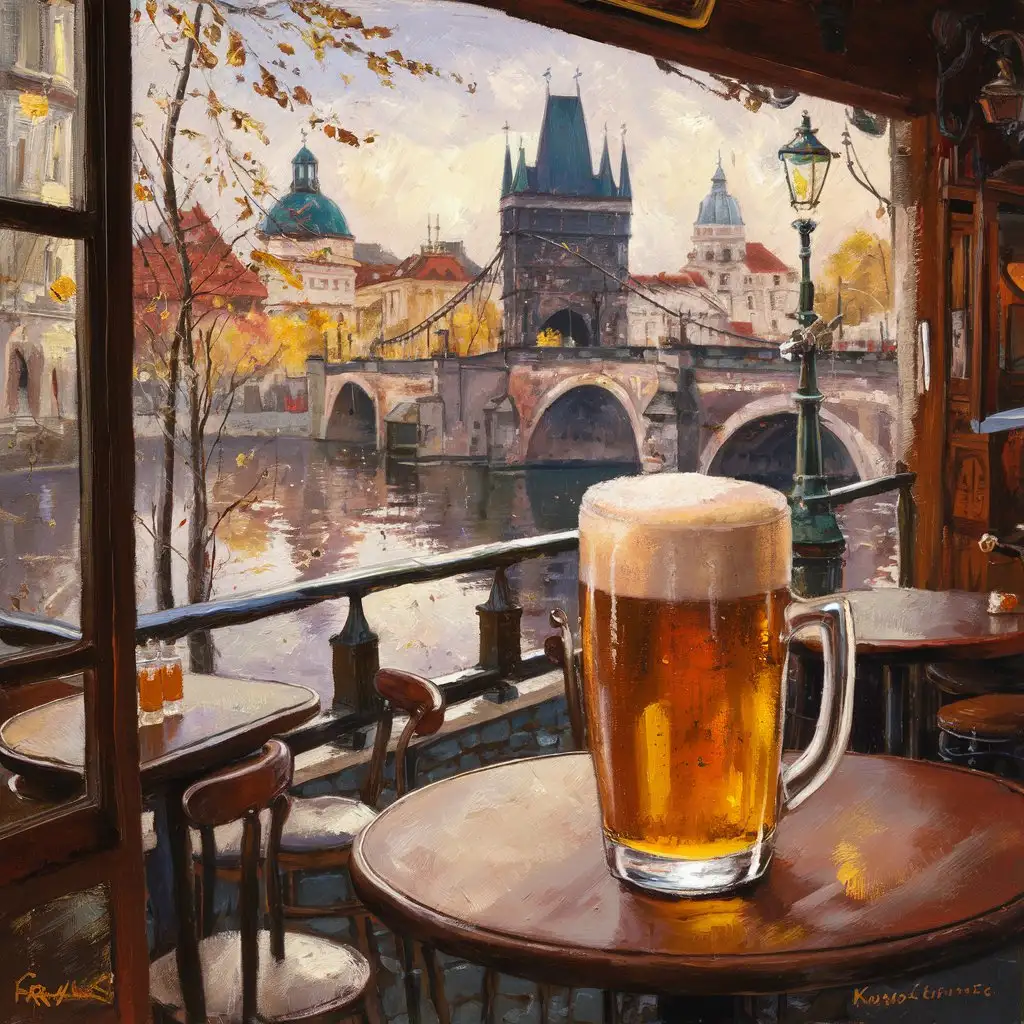 a view from a bar in Prague Czech replace, viewing Karl's bridge in the city centre, with a large beer on the table single handle, autumn time of year, impressionistic painting style, no people just a view across the table into the distance