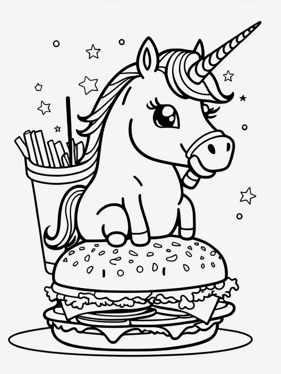   b/w outline art for kids coloring book pages unicorn themed, coloring pages: Unicorn eating a  burger, few elements (((((white background))))). Only use outline, cartoon style, line art, coloring book, clean line art, line art, few elements