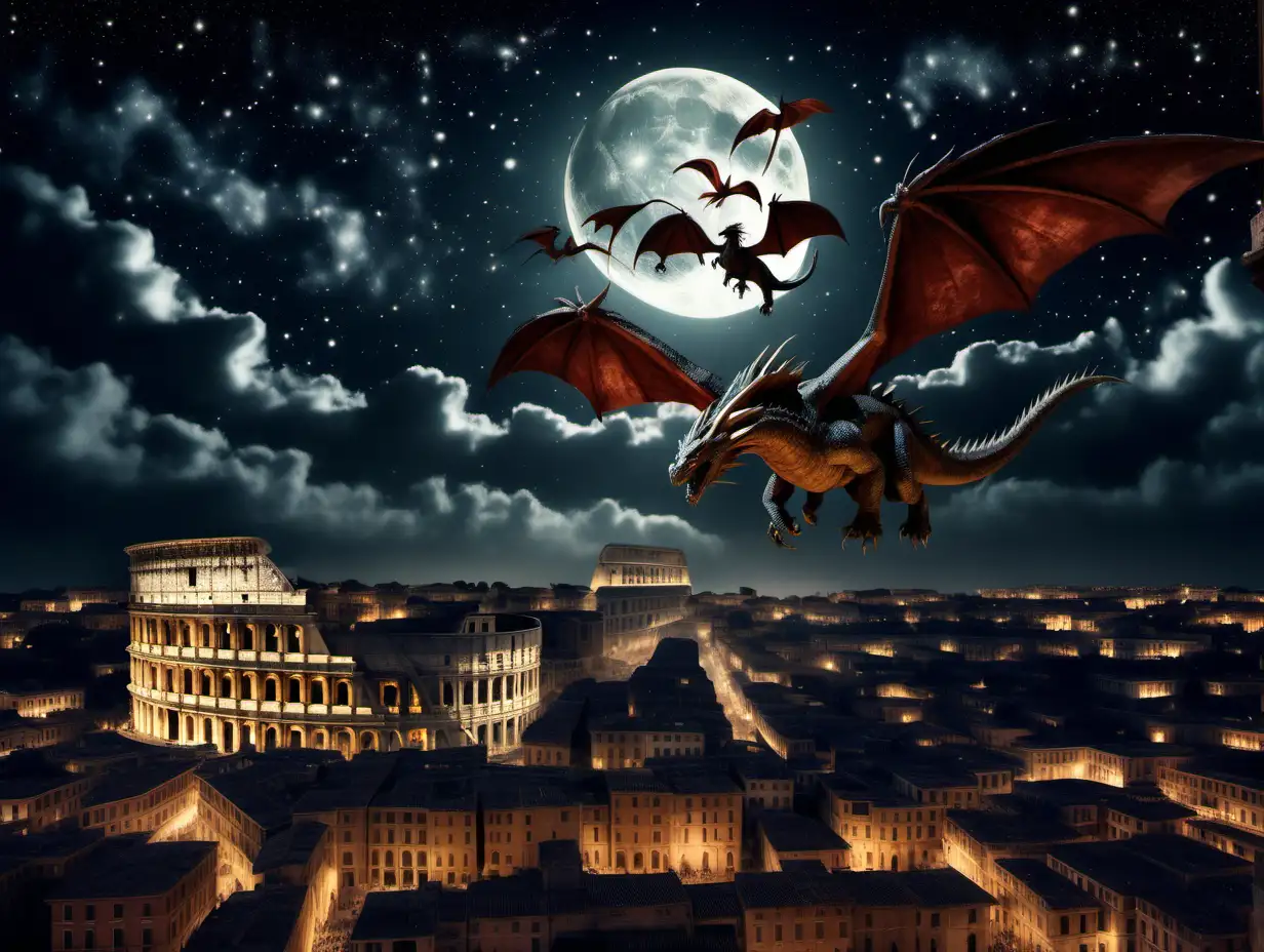 Majestic Dragons Soaring Over Ancient Rome Night Sky