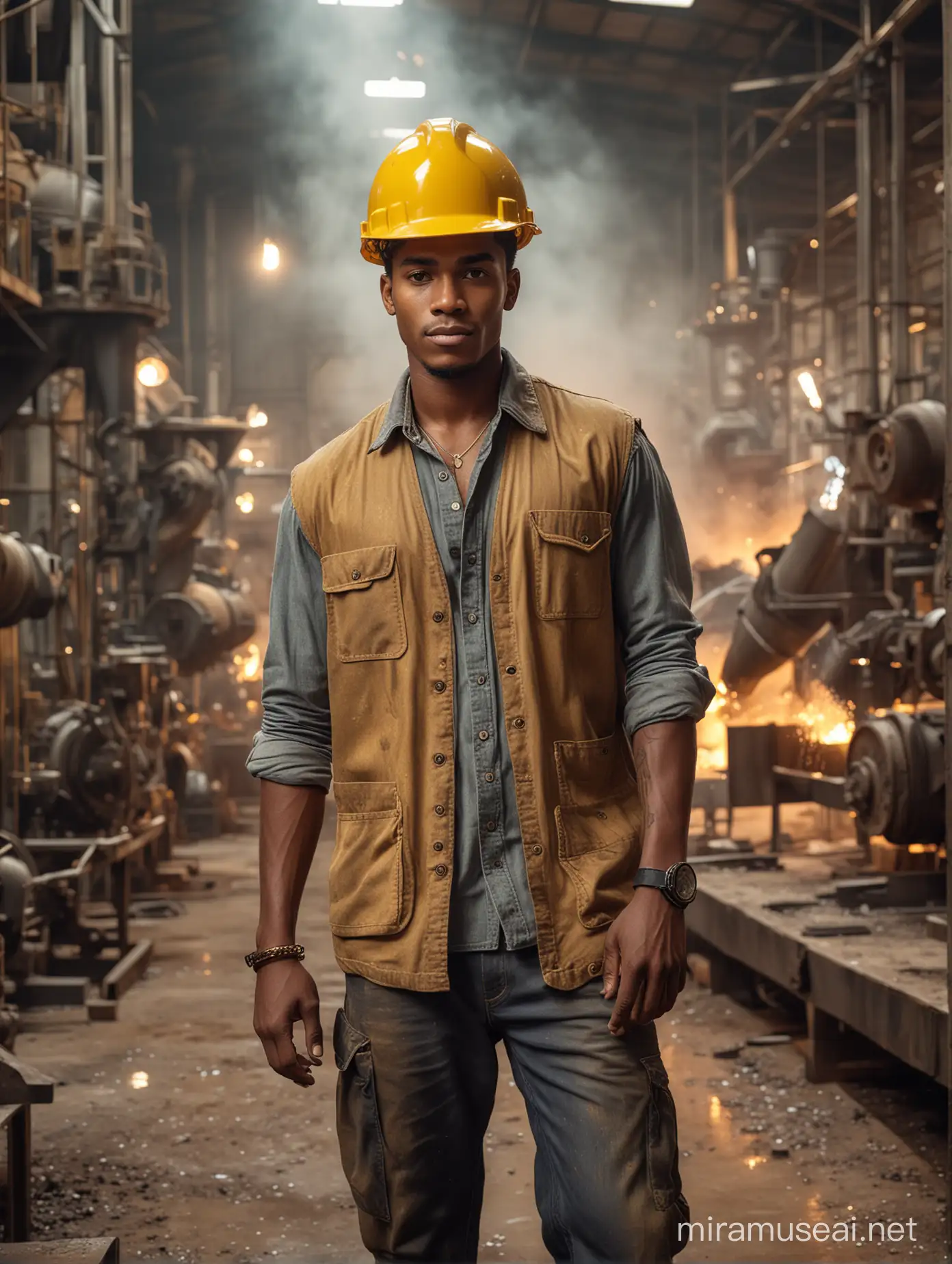 Full length view, wide angle lens, professional photograph, high-resolution, ultra-detailed, of a handsome 20 yo carribean man working in a modern gold refinery. ,  Cinematic shot, candid celebrity shots, uhd image, body extensions, natural beauty --ar 69:128 --s 750 --v 5. 2