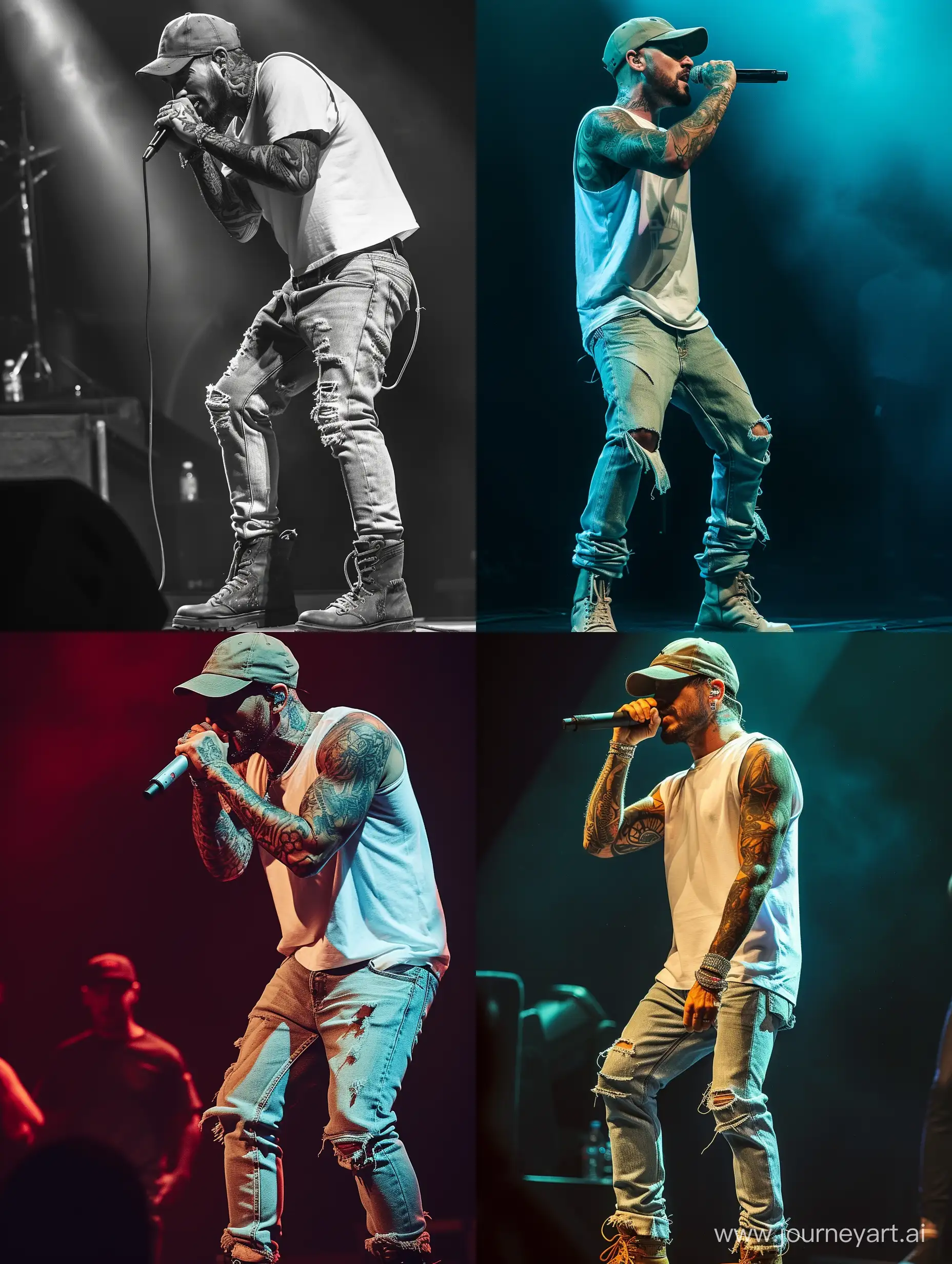 one male singer on stage, full body, holding microphone, tattoos, hip-hop, wearing a cap, white sleeveless t-shirt, loose jeans, untied boots, facial hair, 