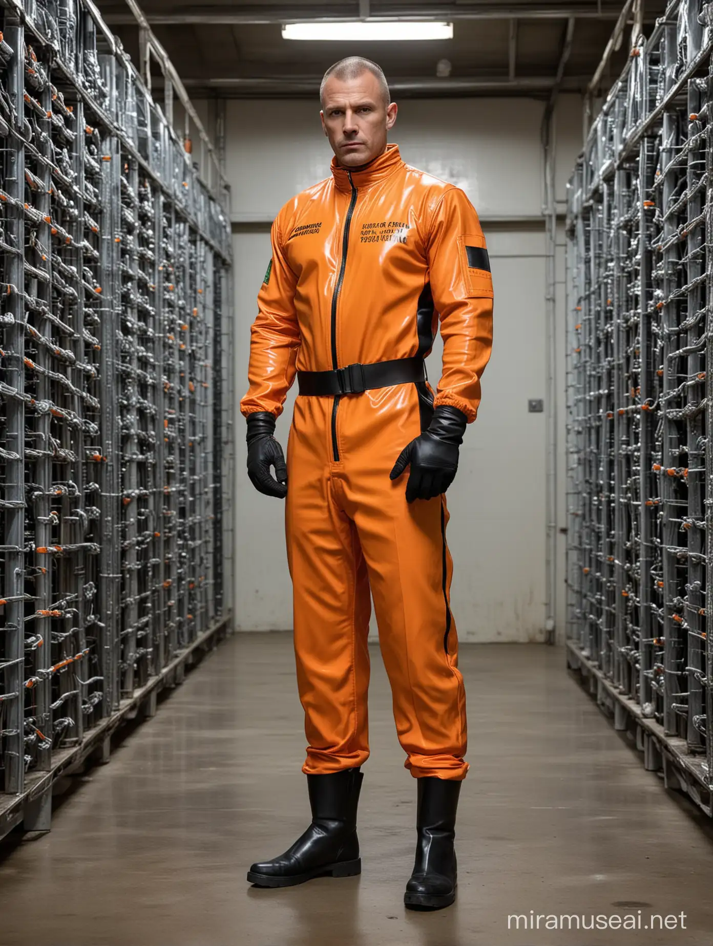 In a futuristic high warehouse with rows fit and muscular men in skin tight shiny orange rubber jumpsuits sealed in glass cylinders, a ruggedly handsome and muscular prison guard in his mid 40's wearing a tight black rubber prison guard suit is holding open a orange rubber prison jumpsuit with the word INMATE on it, inside the jumpsuit silver printed circuits lines can be seen as he offers it to a prisoner to put on