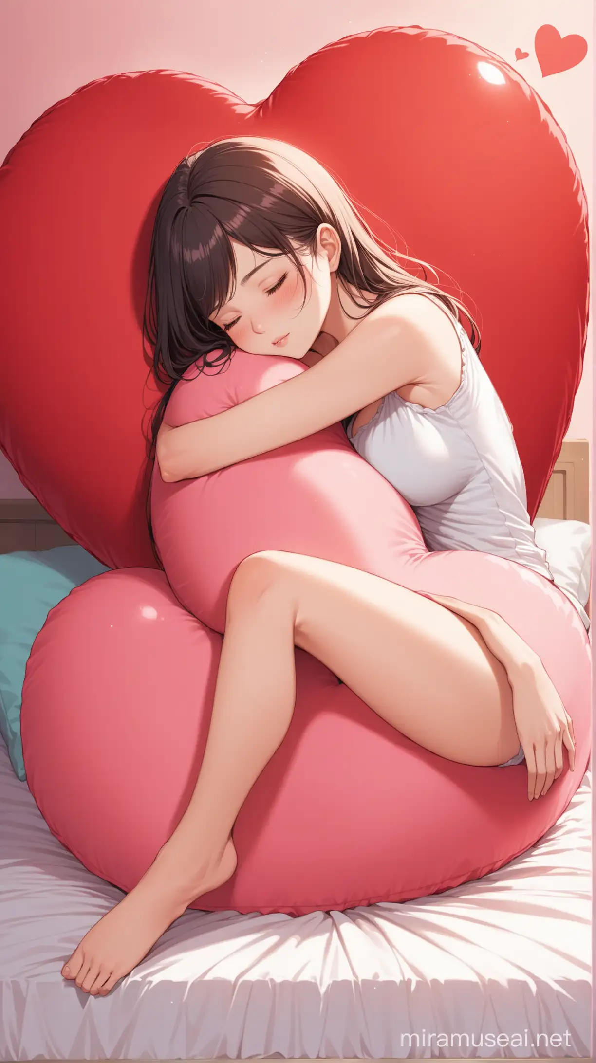 Woman Embracing Giant Heart on Bed